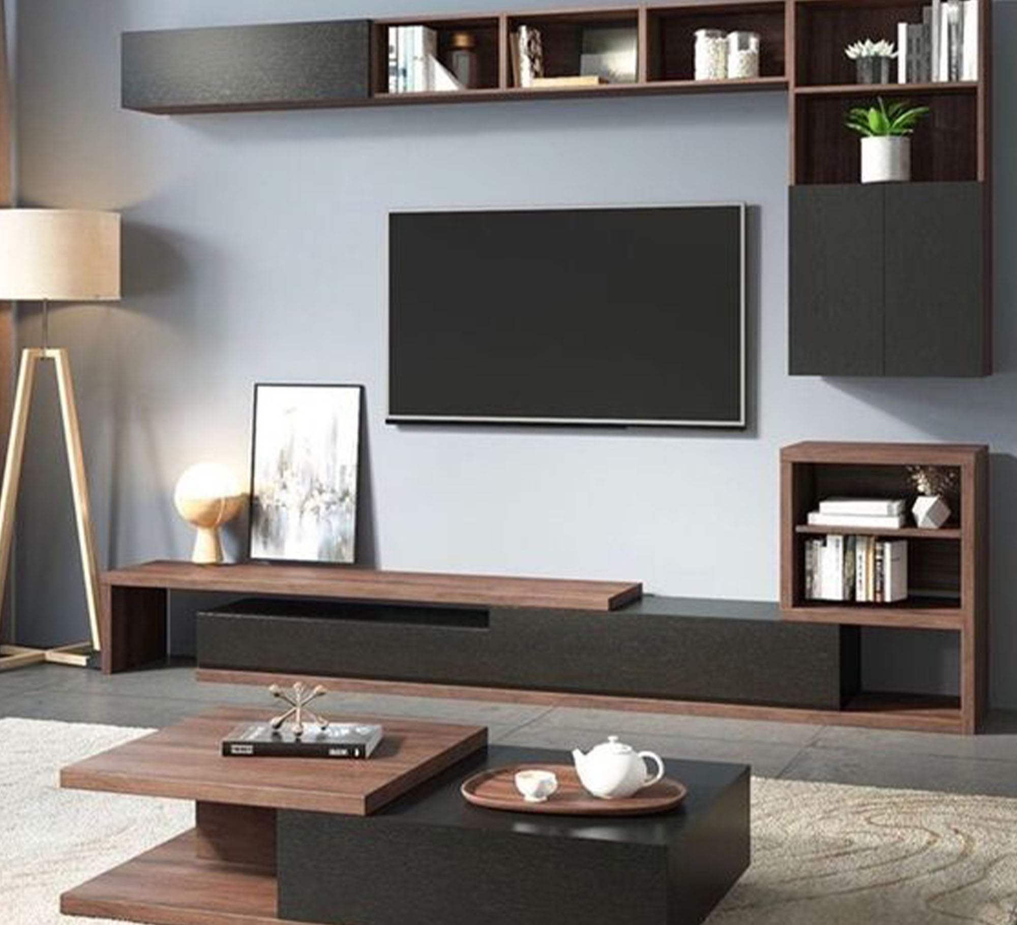 TV unit with multiple pieces in unique colors