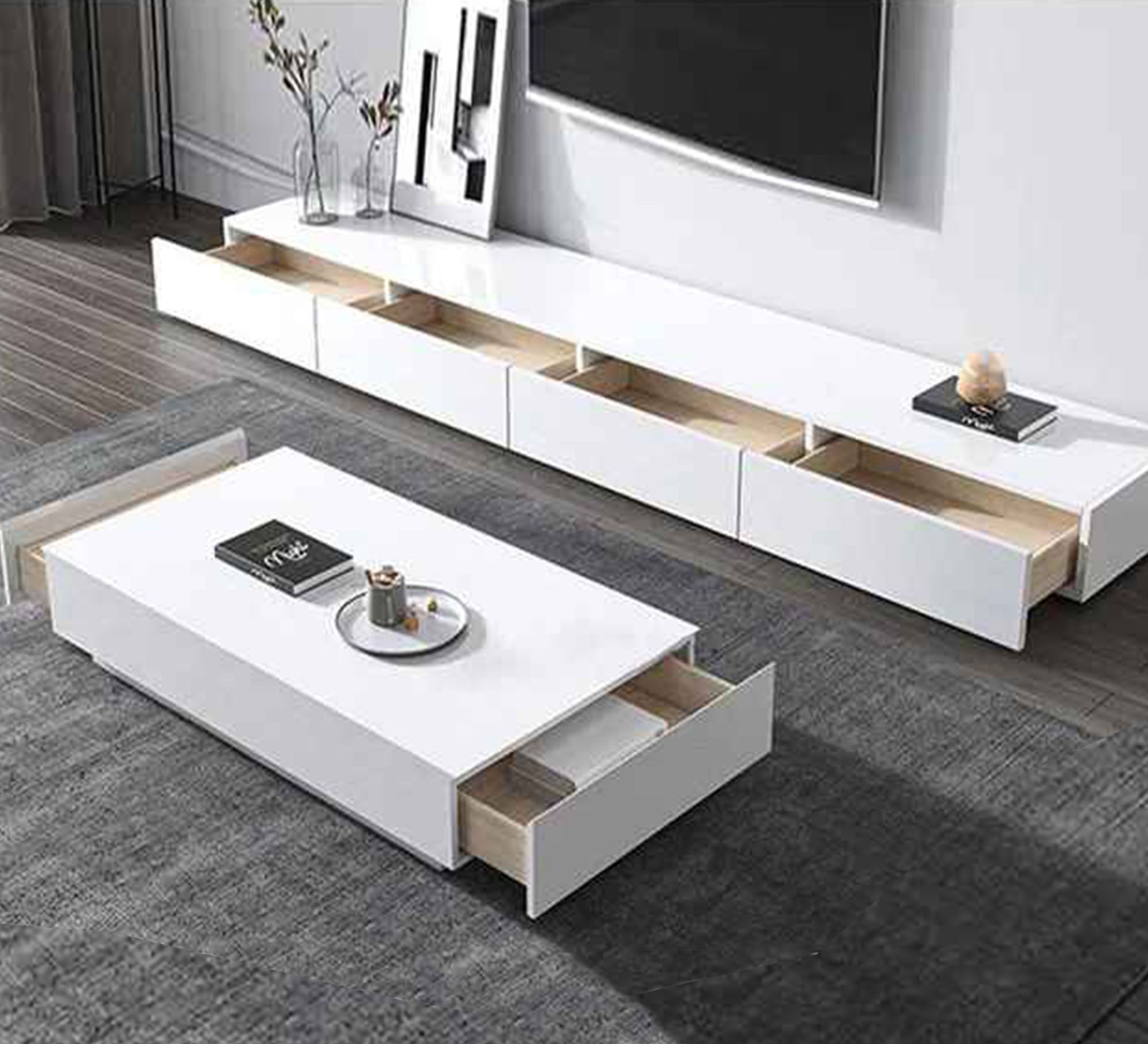 Modern white TV unit and table