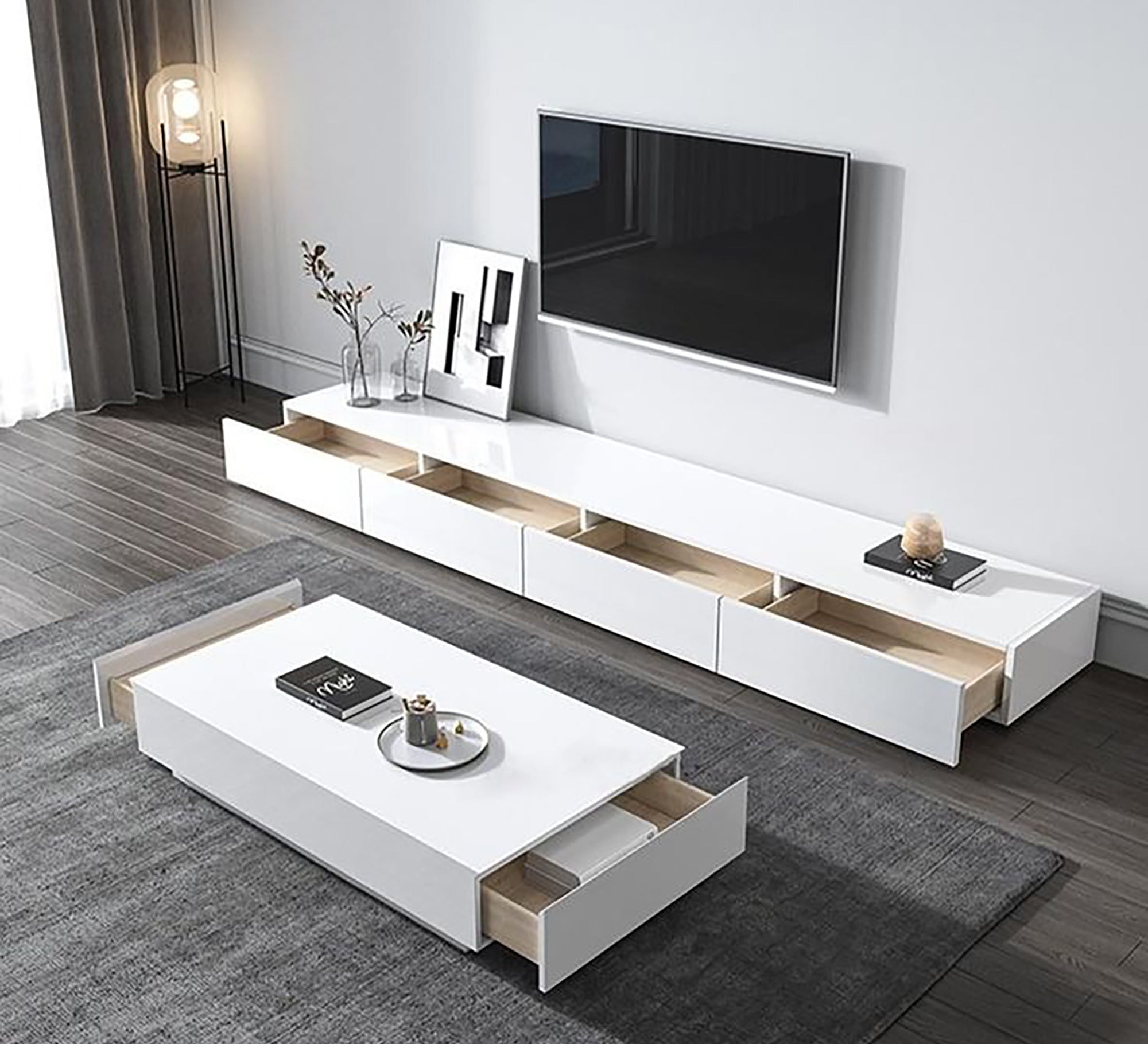 Modern white TV unit and table