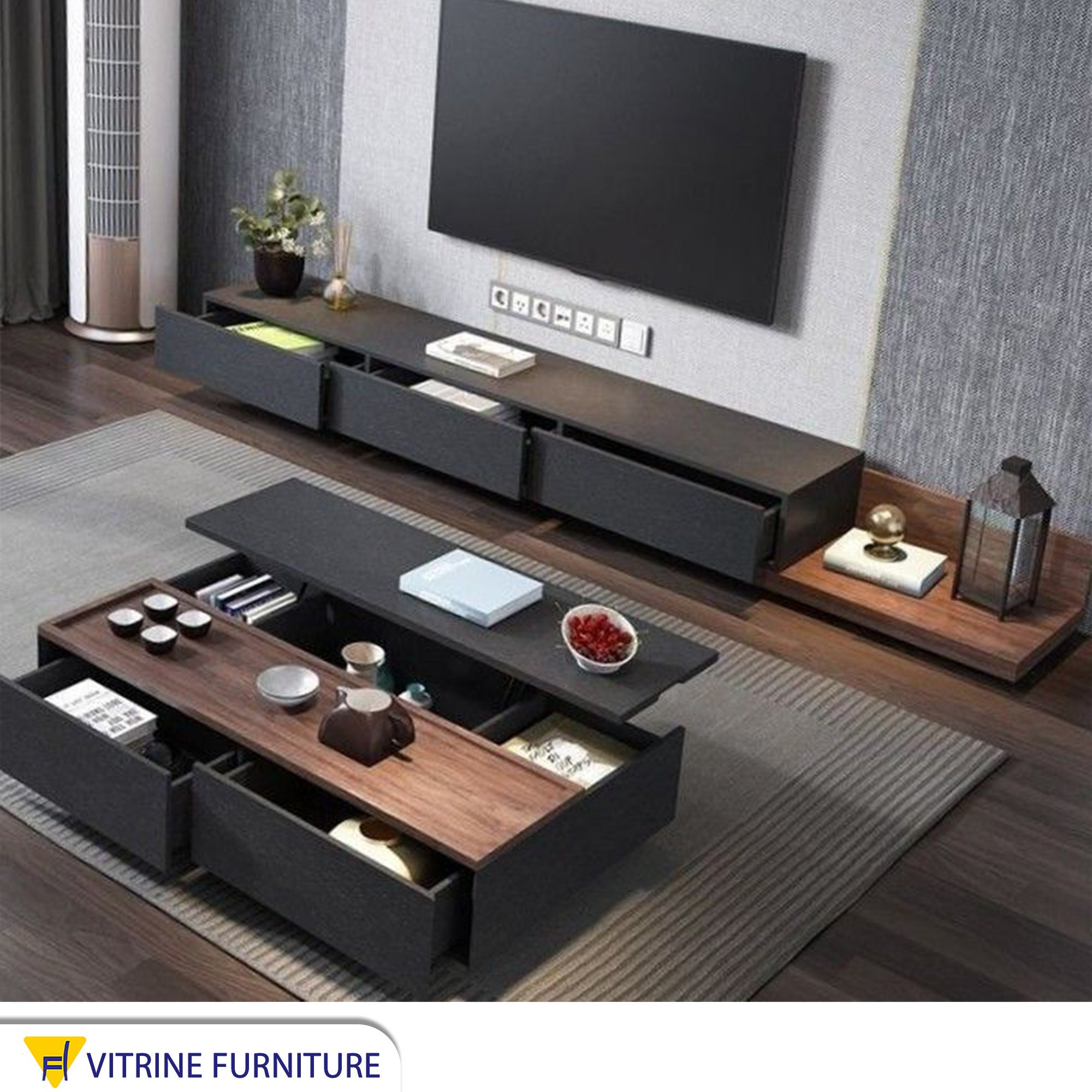 TV unit and table in black mixed with wood