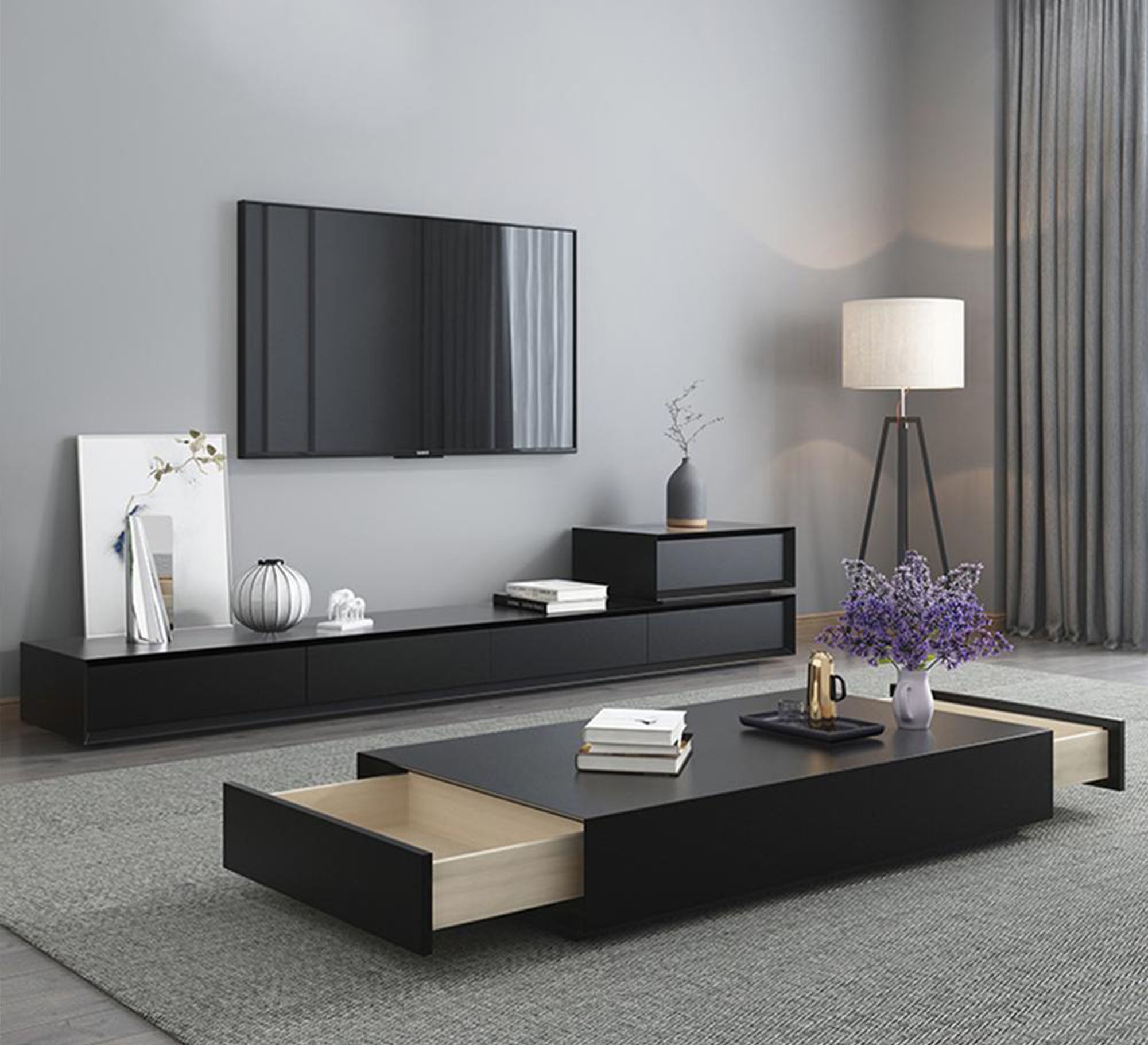 Modern TV unit and black table