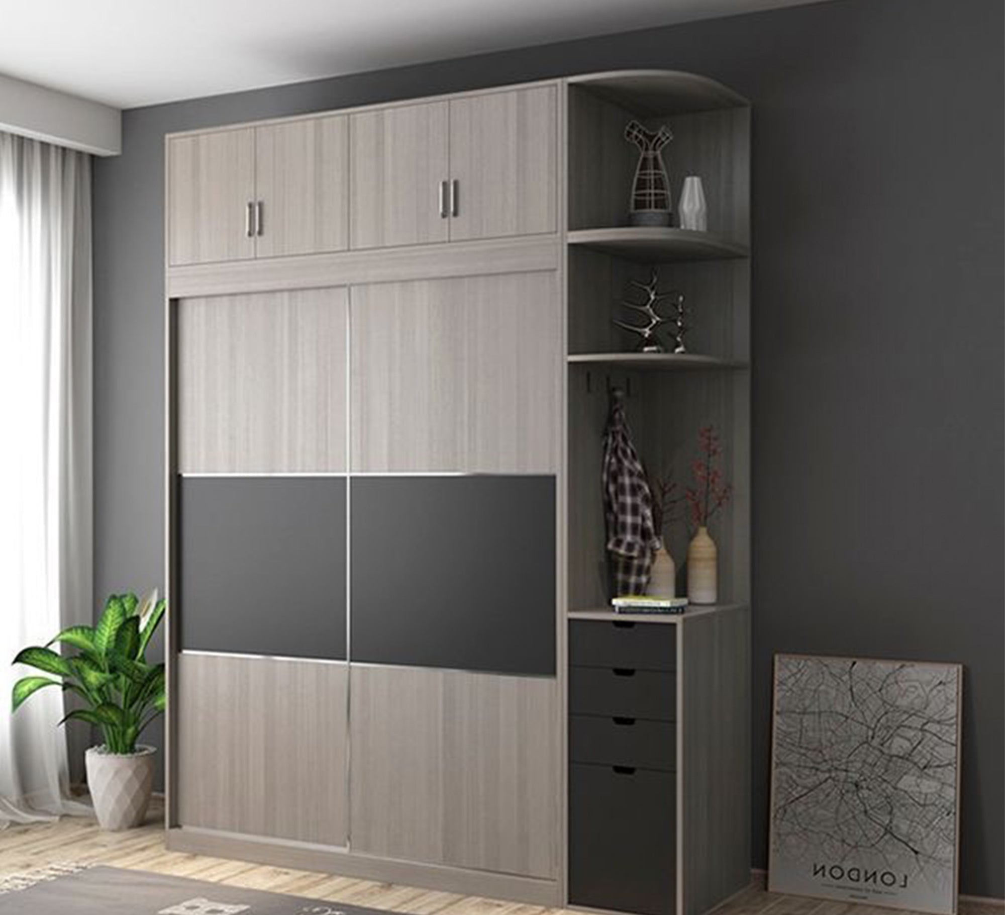 Black & Gray Wooden Wardrobe – Sleek & Stylish