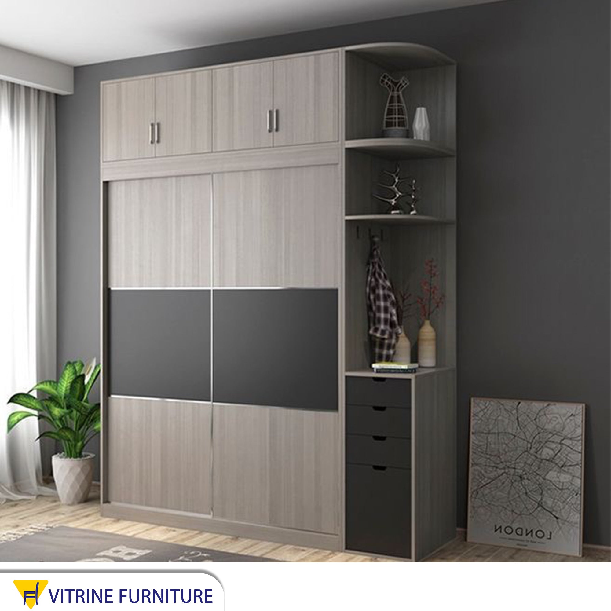 Black & Gray Wooden Wardrobe – Sleek & Stylish