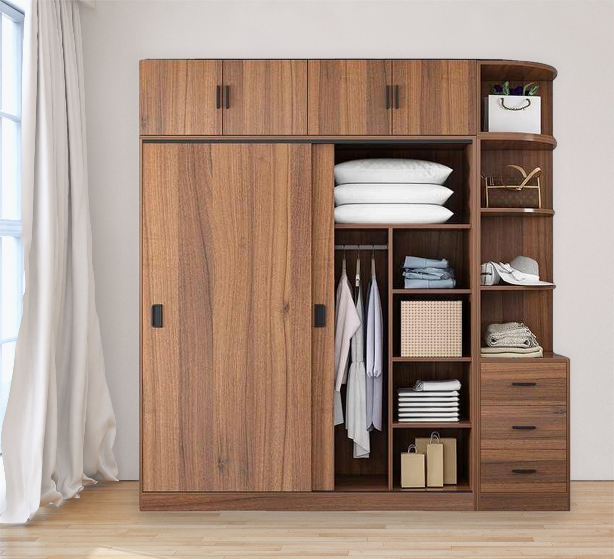 Brown Wooden Cupboard with External Shelves