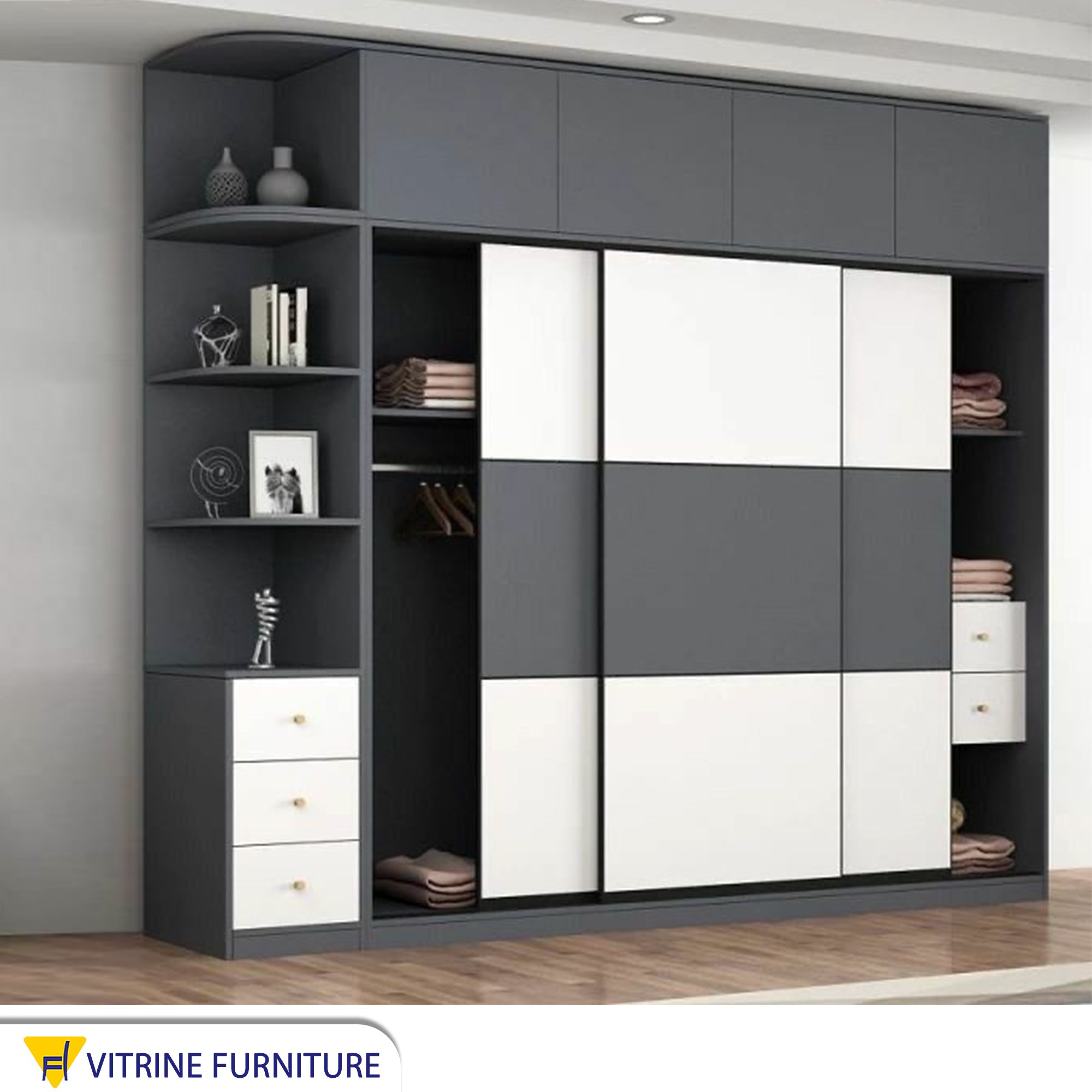 Elegance Wardrobe with Large, Dark Gray & White Storage Solution