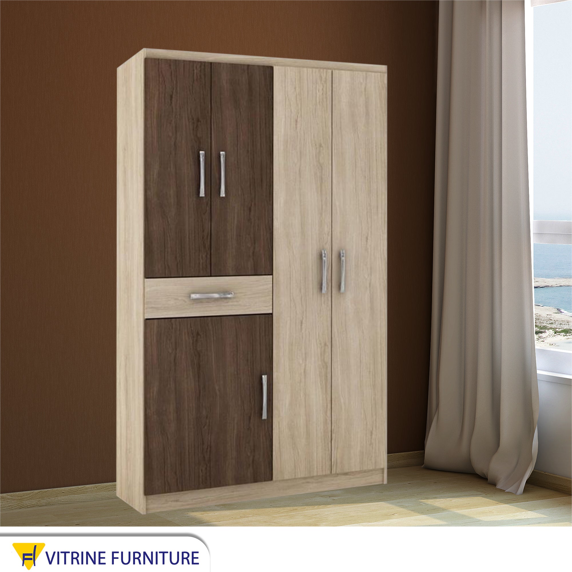 Classic Beige-Brown Wooden Wardrobe: Elegant Storage