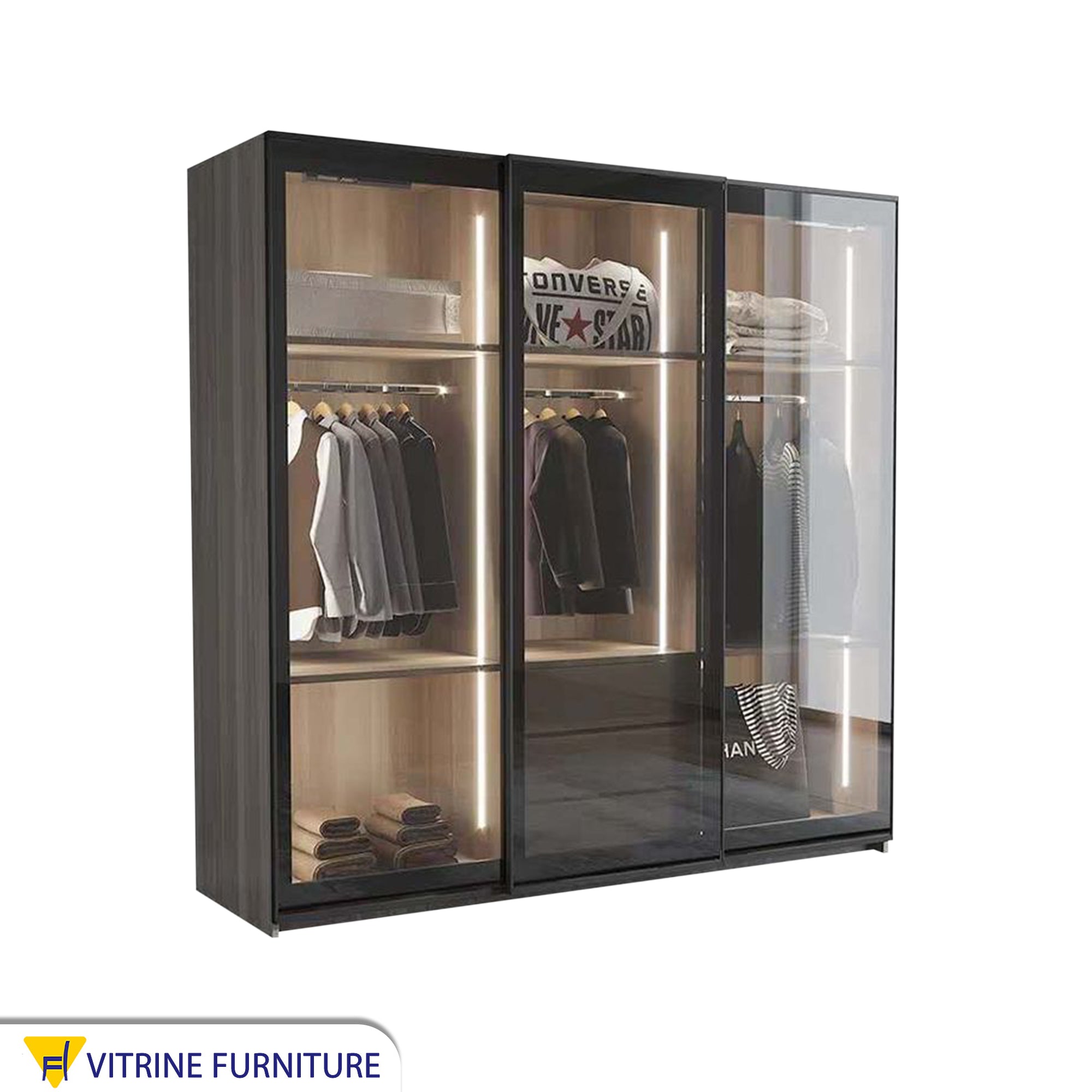 Elegant Black Wood Cupboard in Chic Design, Reflective Glass