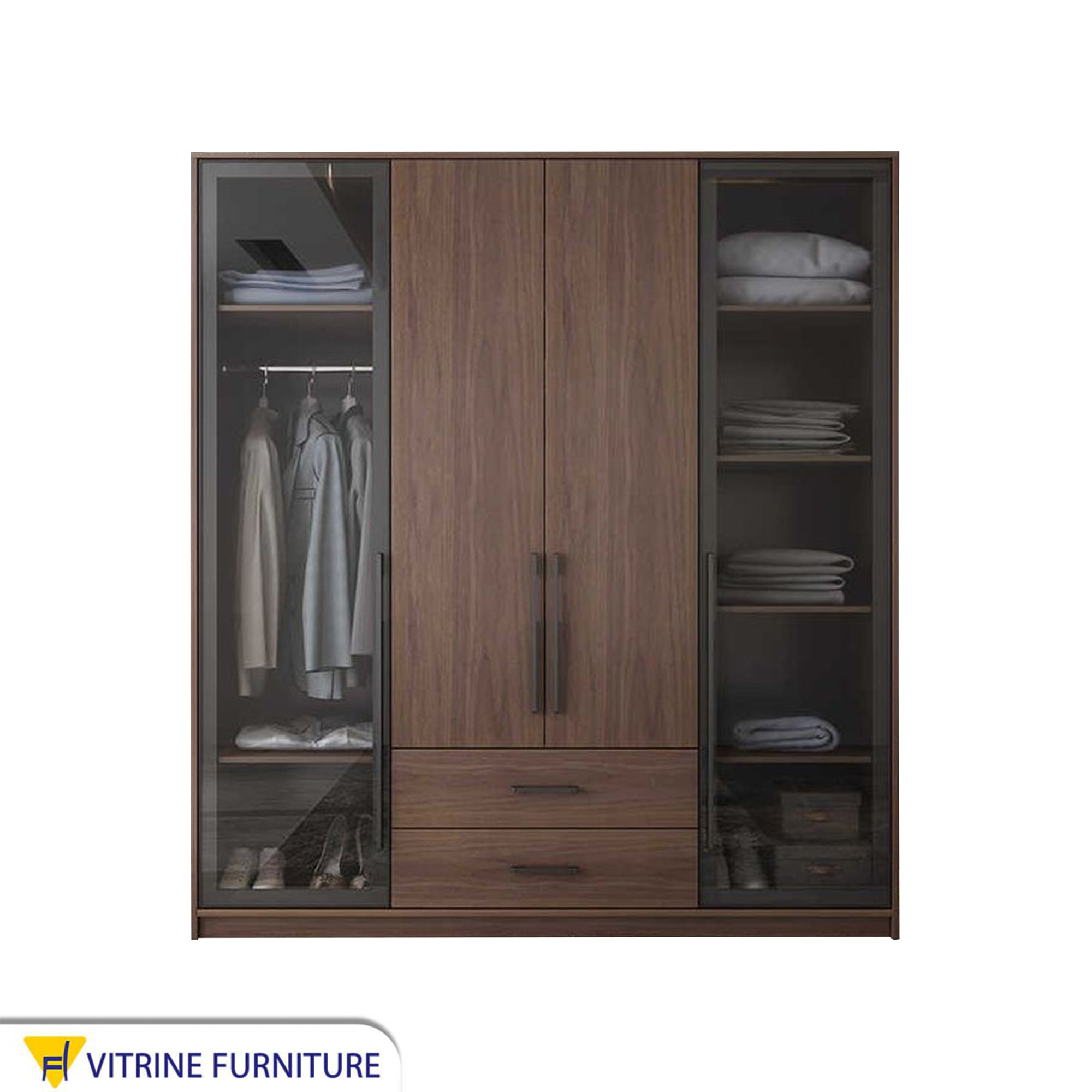 Brown Wooden Cupboard with Mirrored Glass Leaf