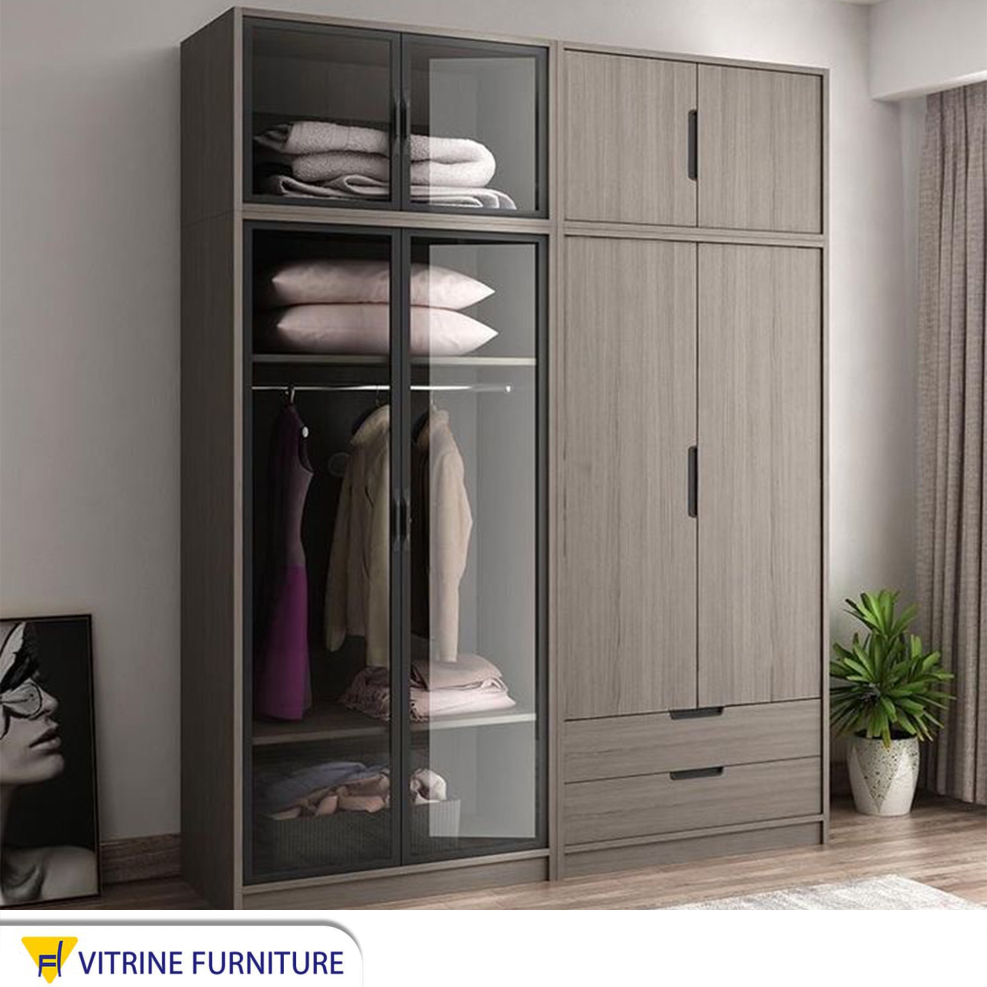 Wooden & Glass Wardrobe, Stylish & Modern