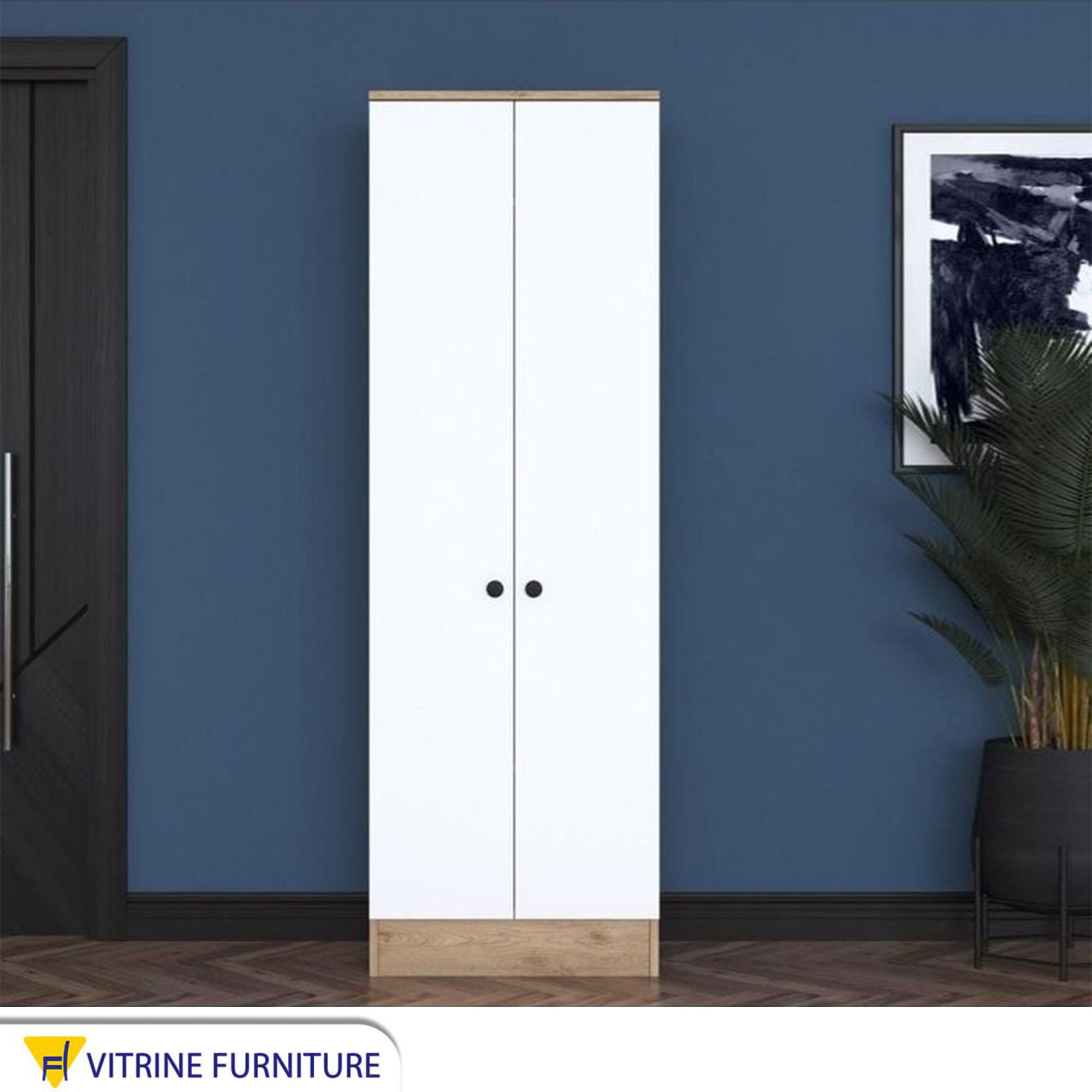 White Wardrobe with Beige Wooden Base