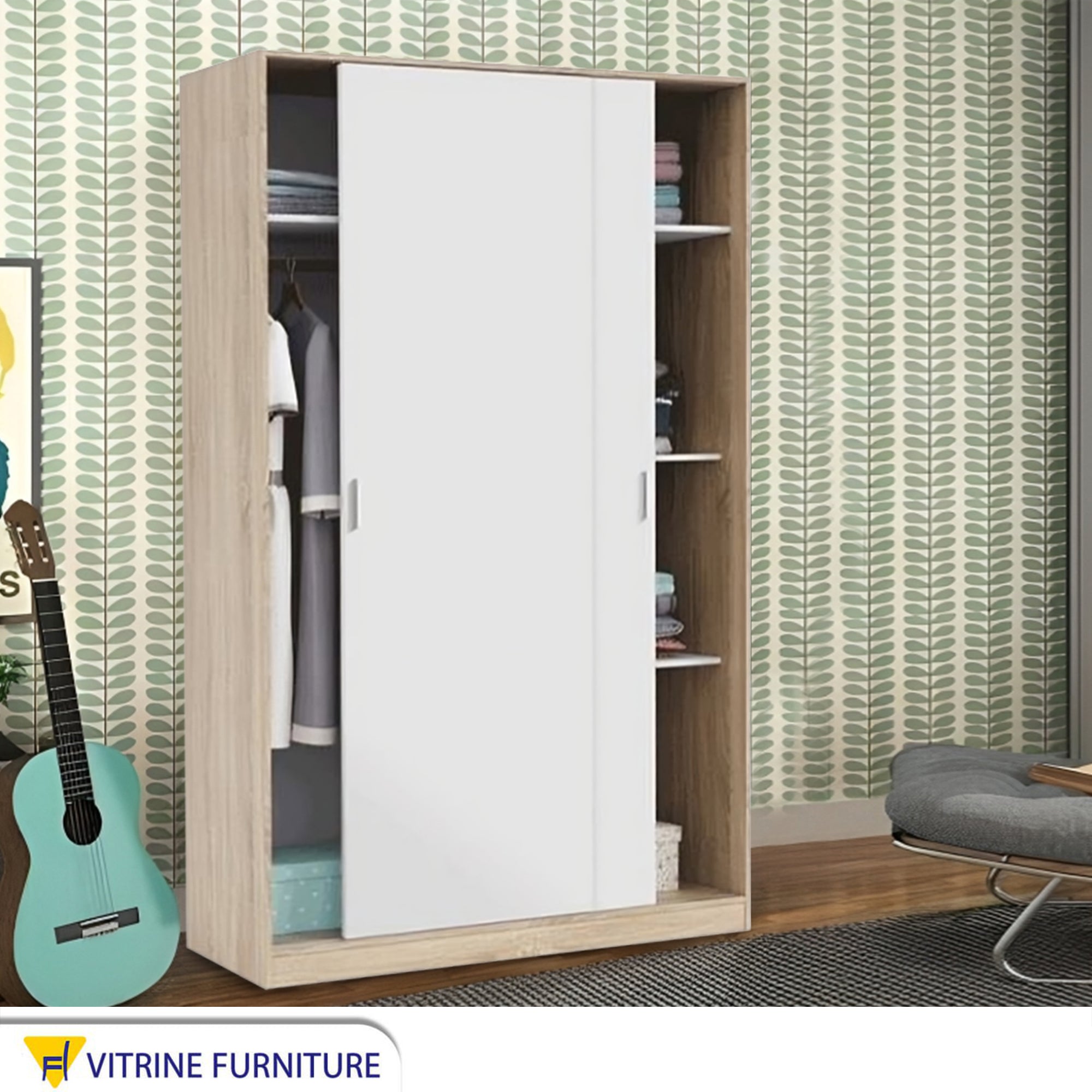 Elegance Wardrobe with White & Beige Drag Leaf, Stylish & Spacious