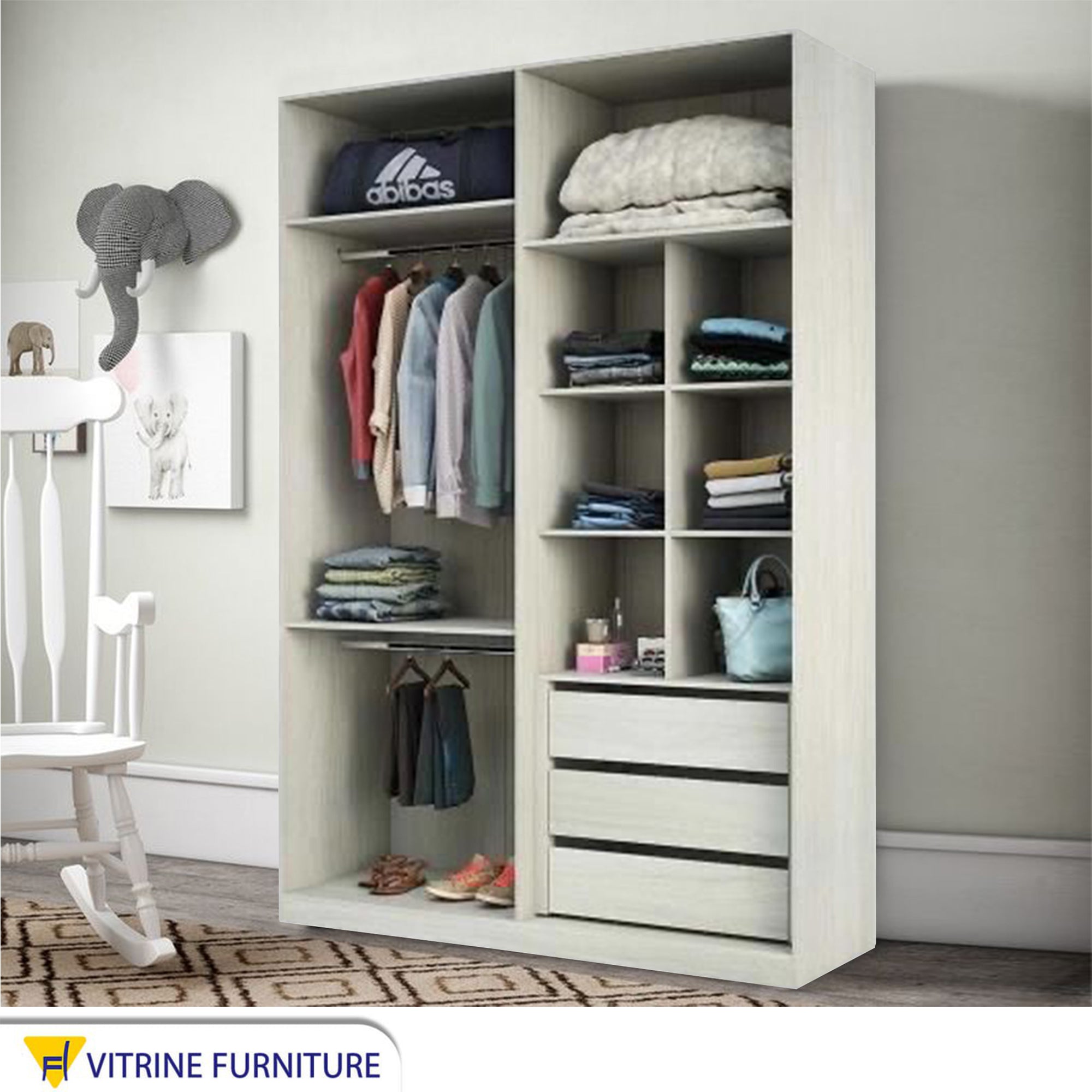 Wardrobe with Sleek White Design, Leafless Elegance