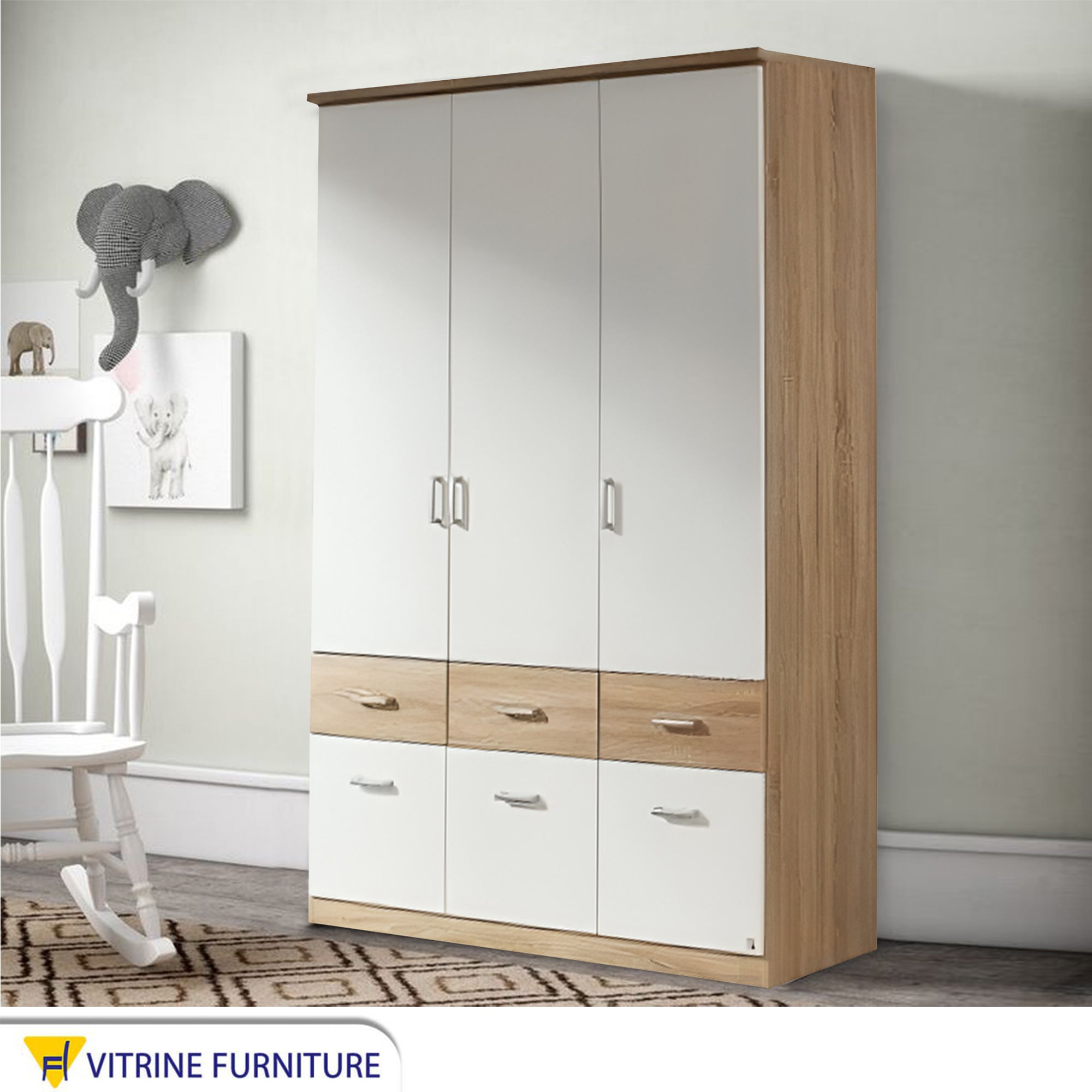 Wardrobe with White & Beige Wooden Drawers