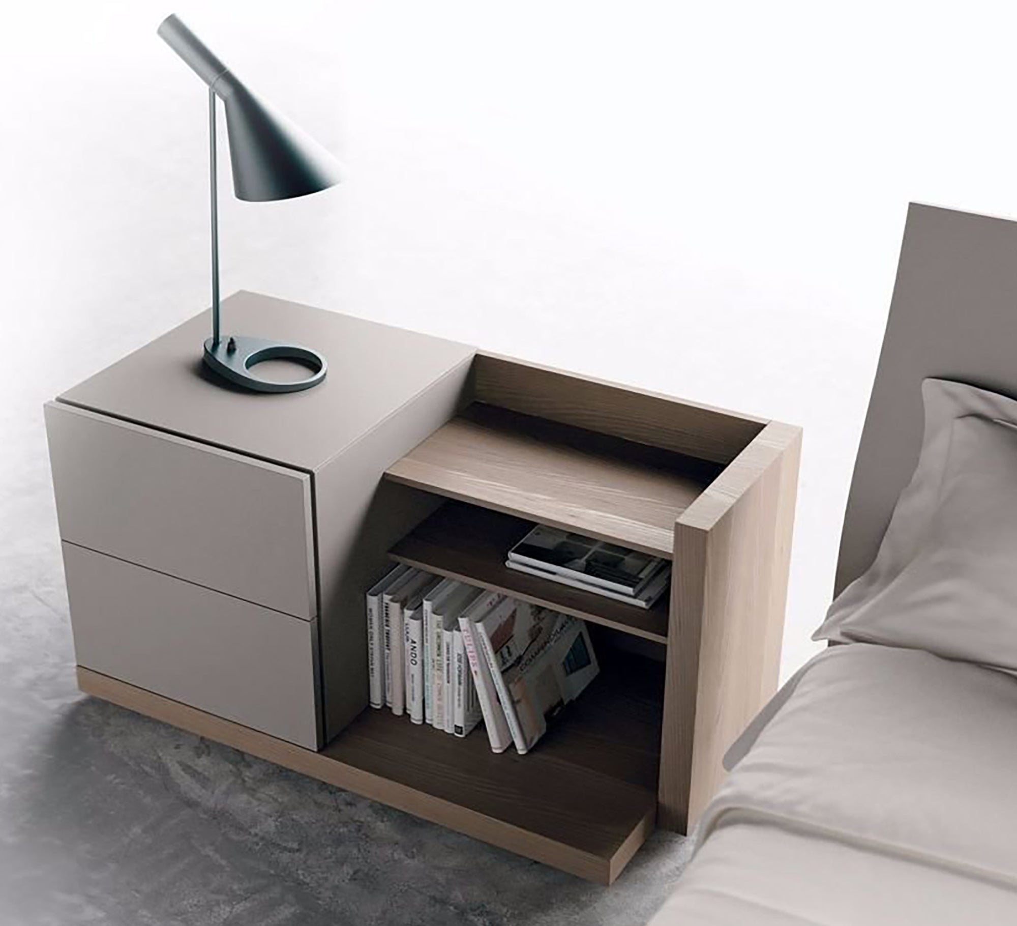 Bedroom with drawers and shelves, side library