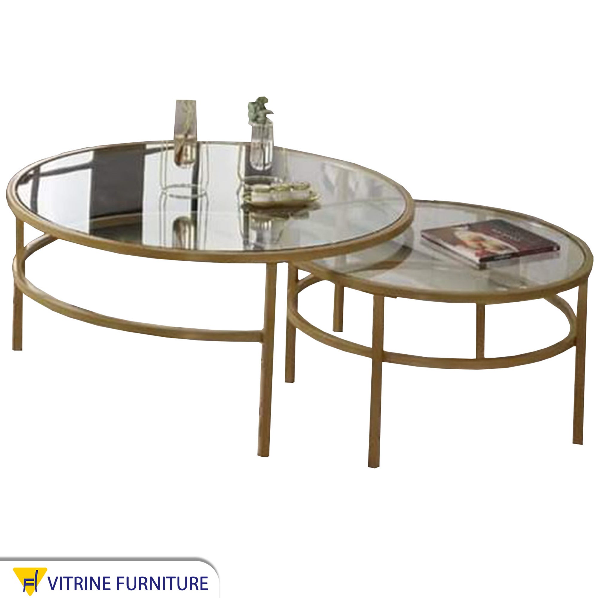 Two circular tables in golden color