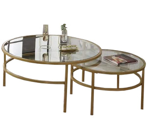 Two circular tables in golden color