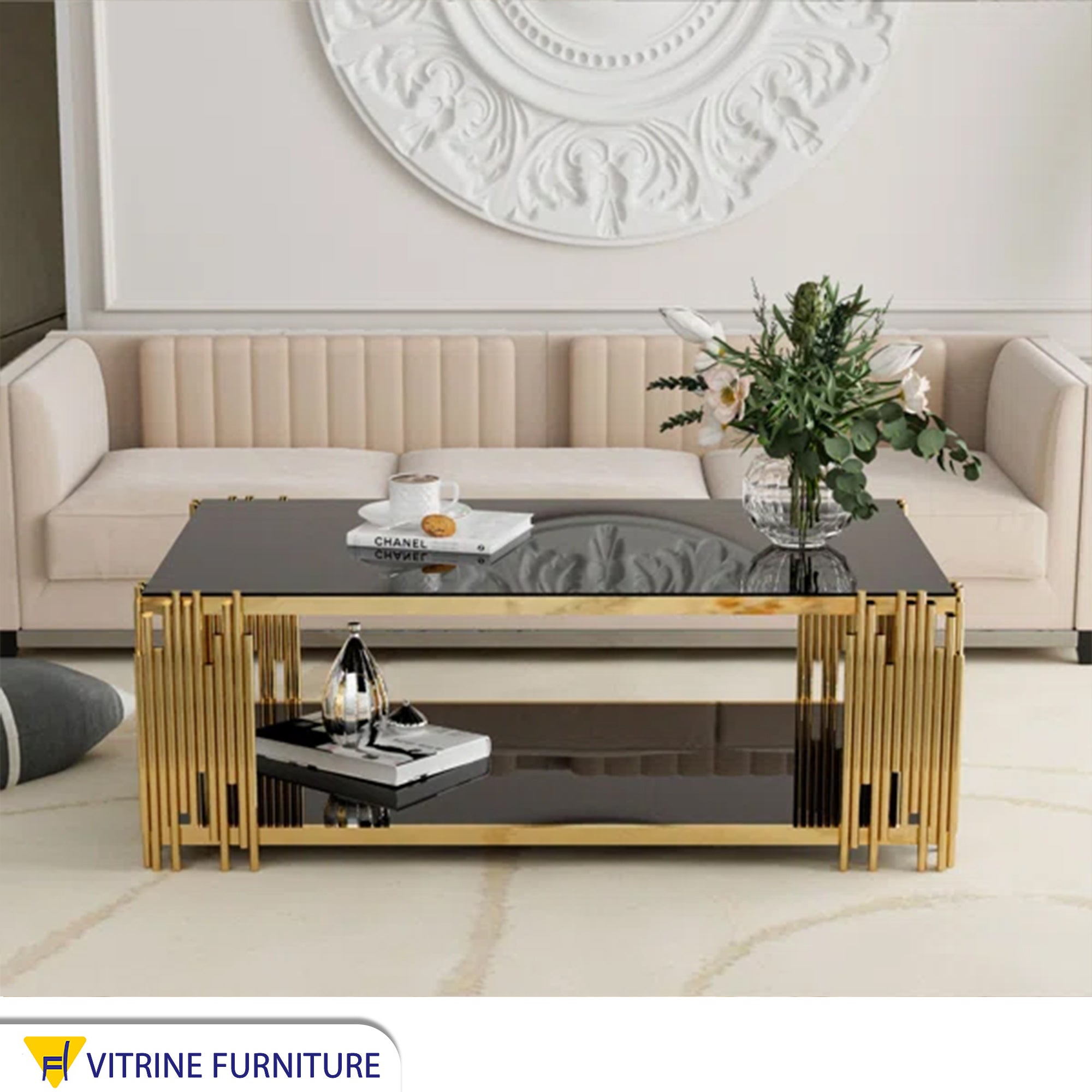 A rectangular table in gold with a top and bottom