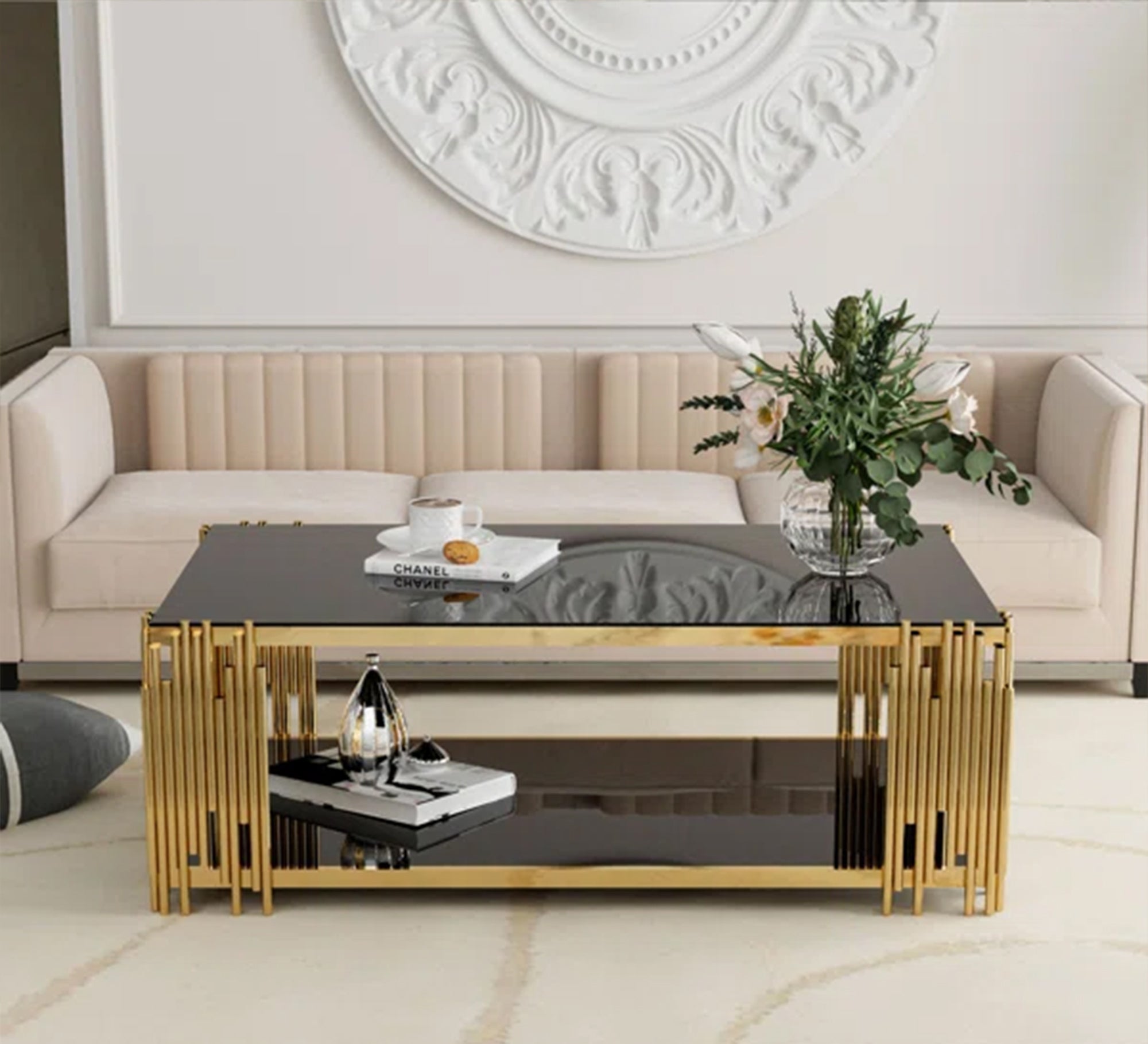 A rectangular table in gold with a top and bottom