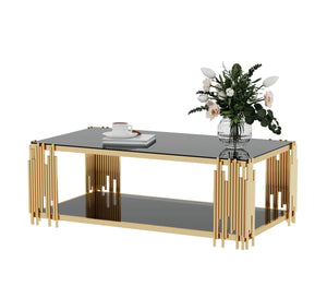 A rectangular table in gold with a top and bottom