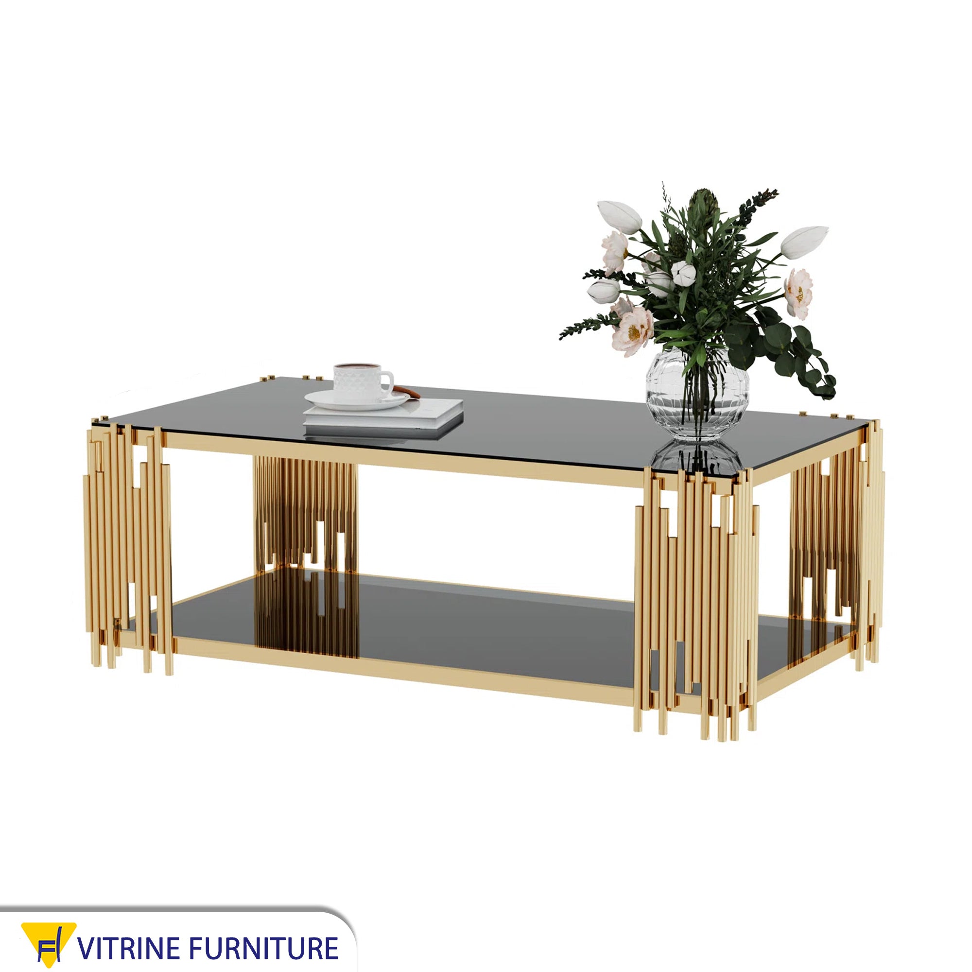 A rectangular table in gold with a top and bottom
