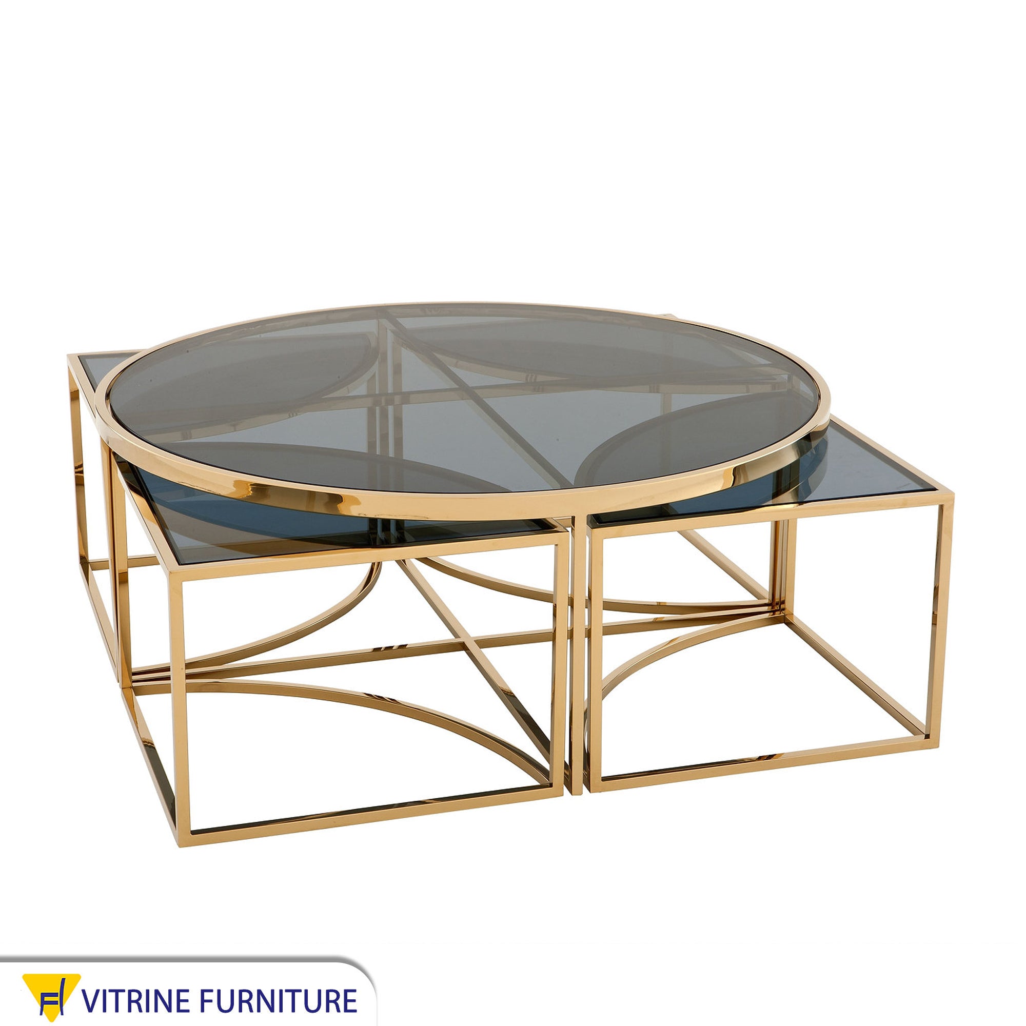 A set of tables with a modern design in golden color
