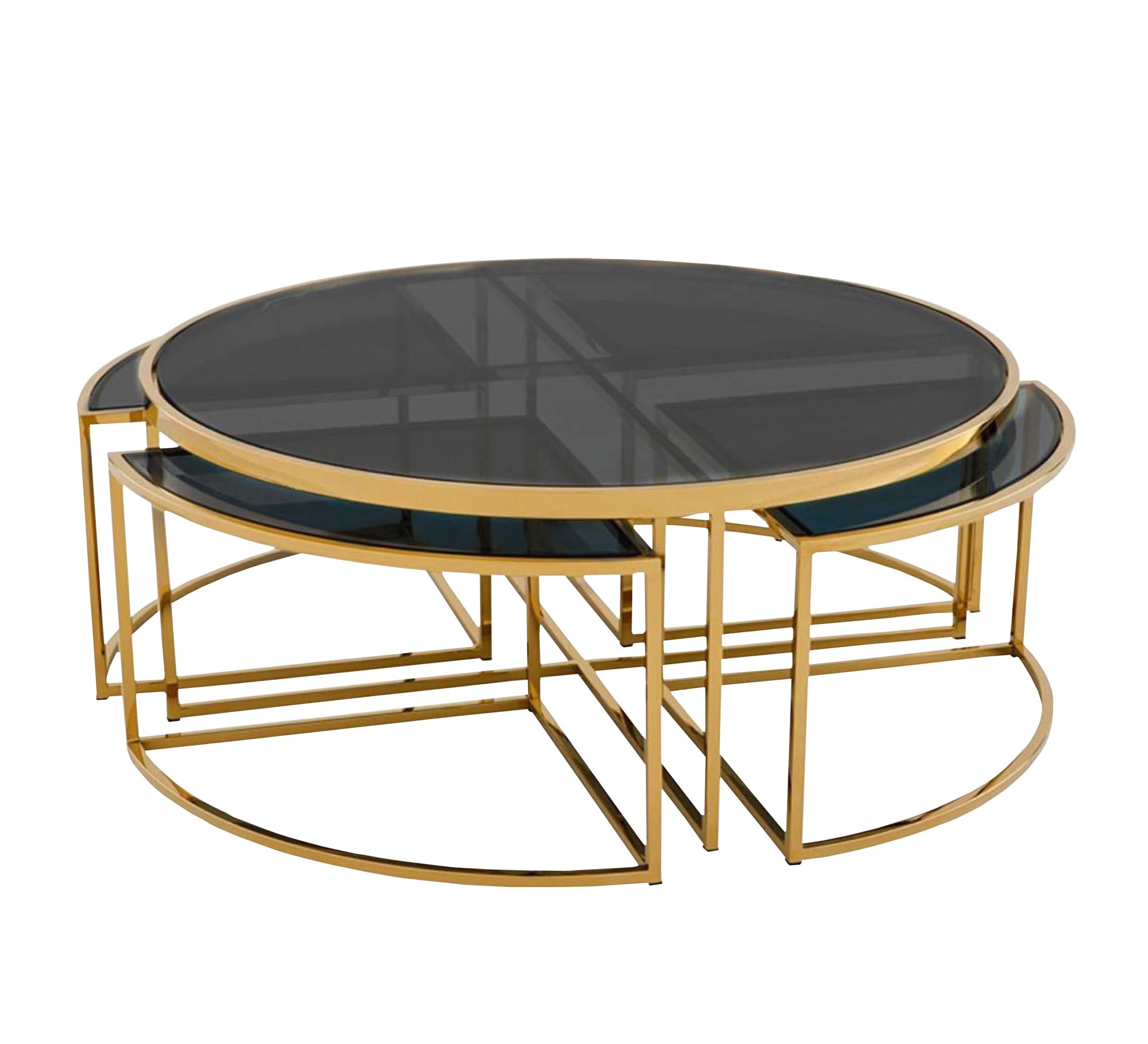 A set of tables with a modern design in golden color