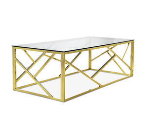 A set of tables in gold with a modern design