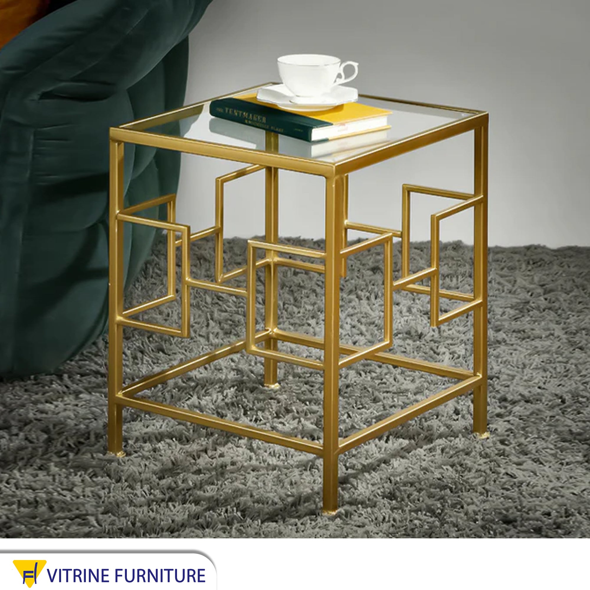 Square table with decorative metal frame