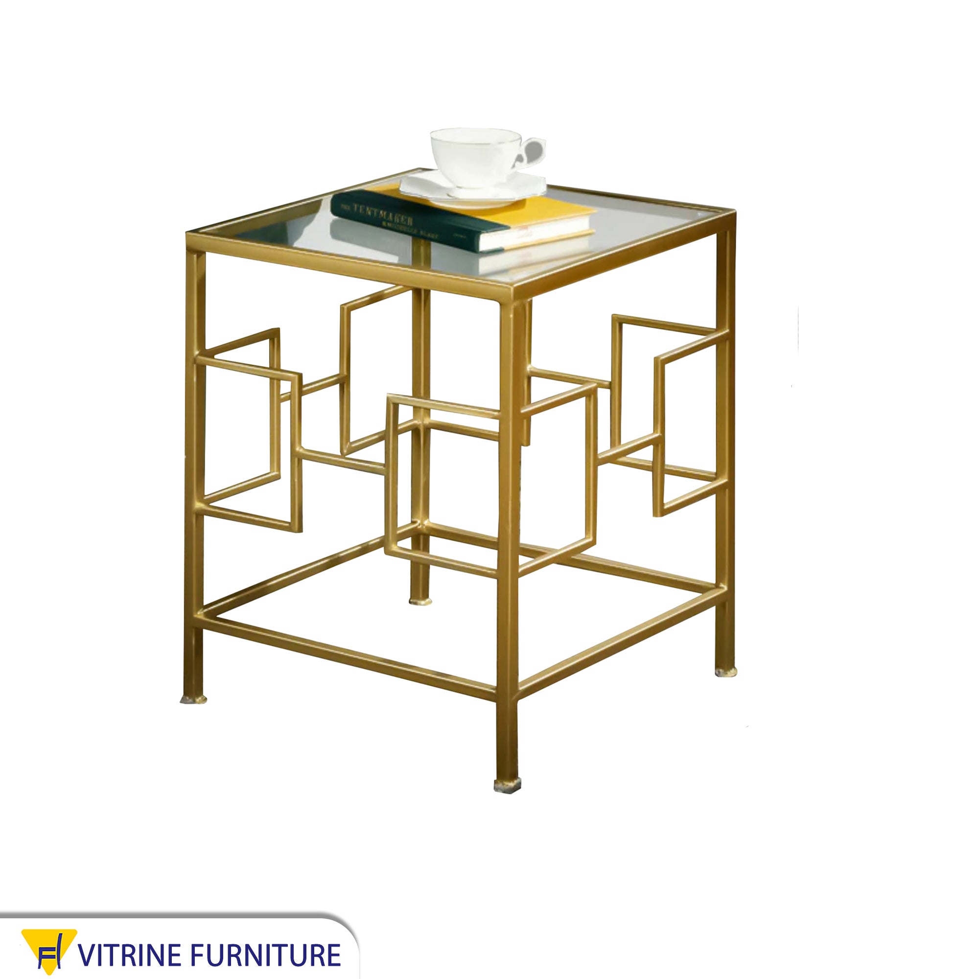 Square table with decorative metal frame
