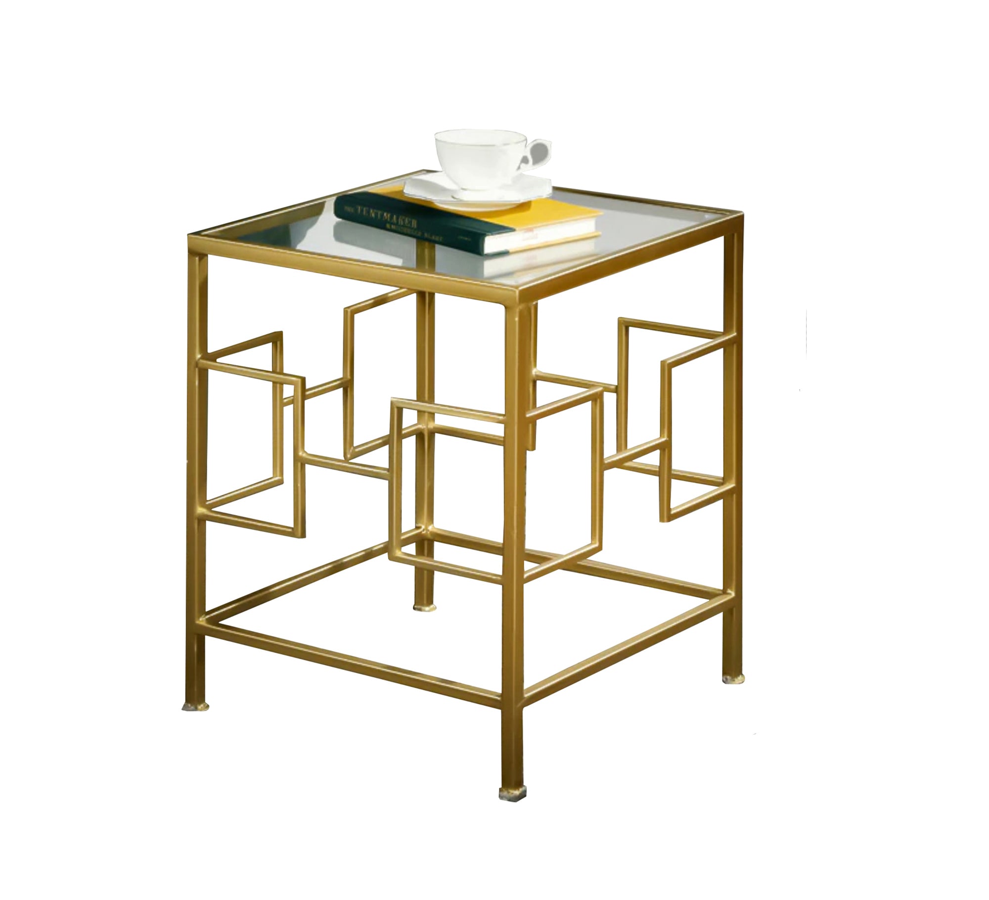 Square table with decorative metal frame