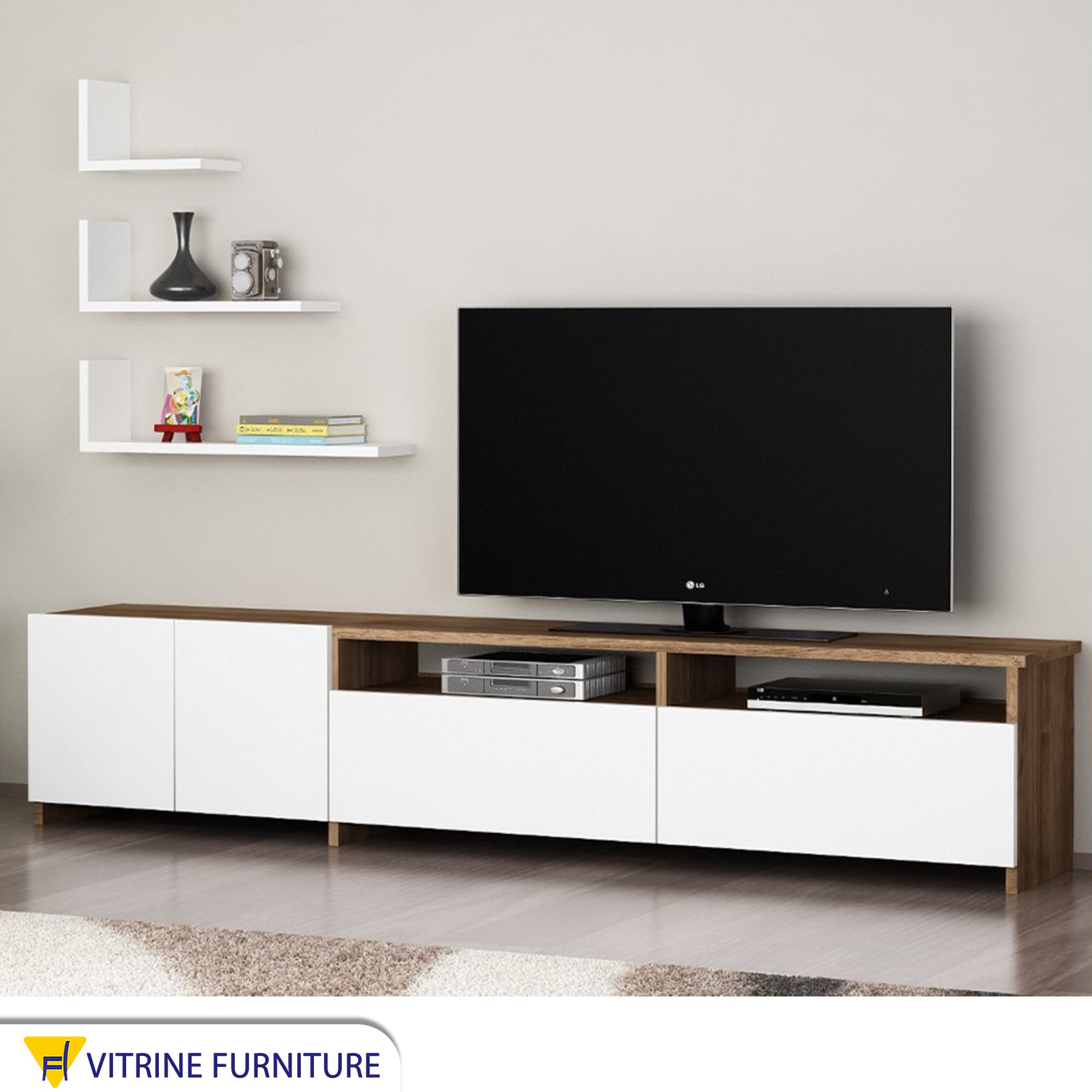 Television unit with three wall shelves