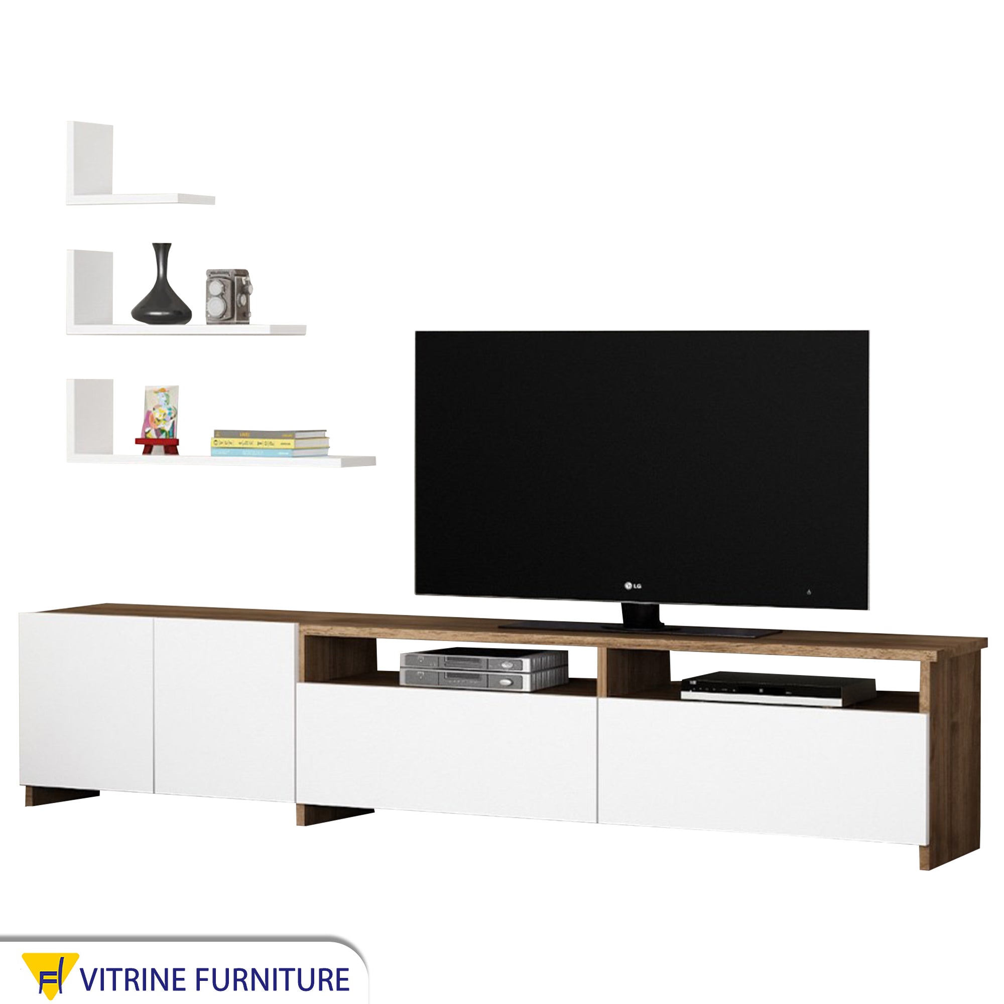 Television unit with three wall shelves