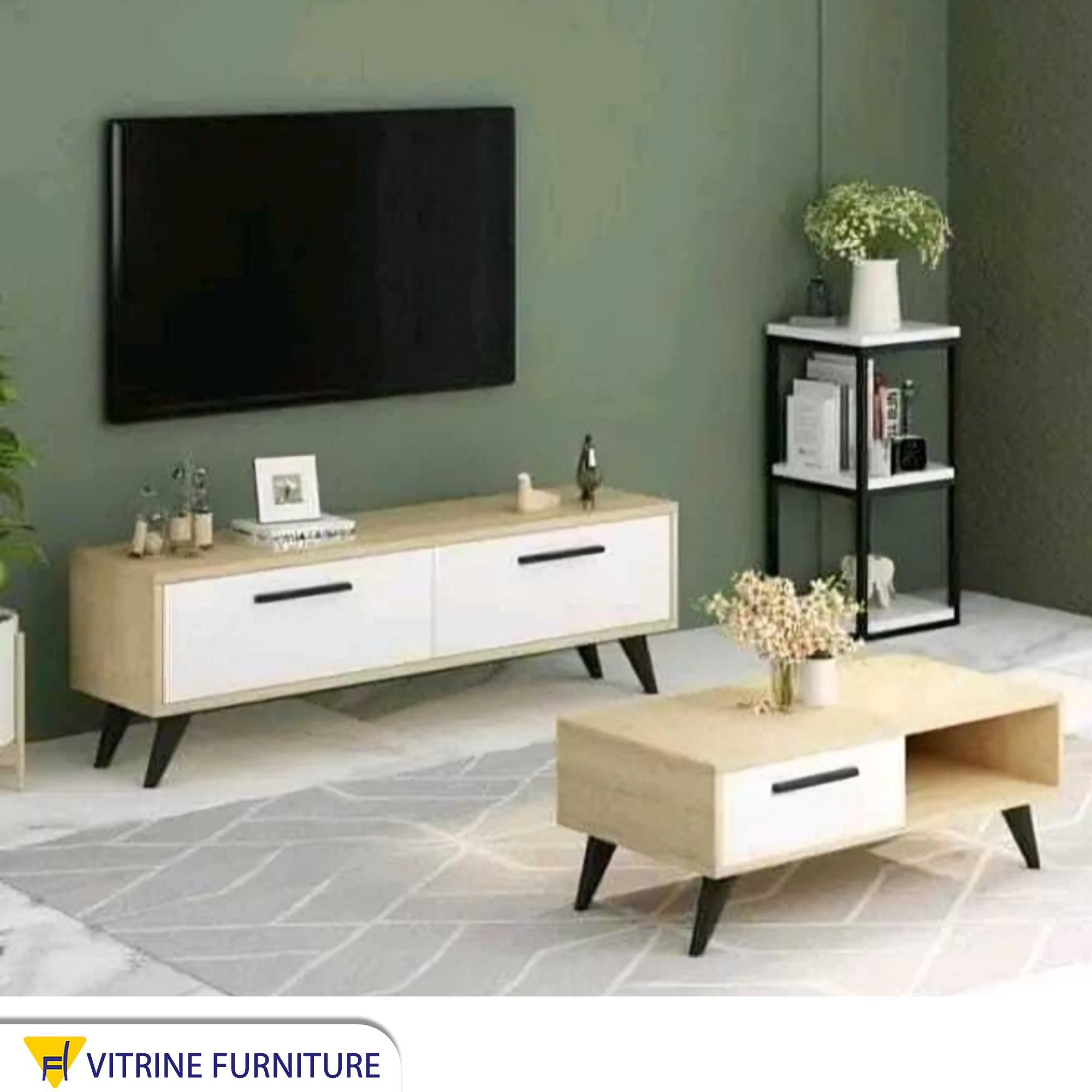 TV cabinet with white and beige coffee table
