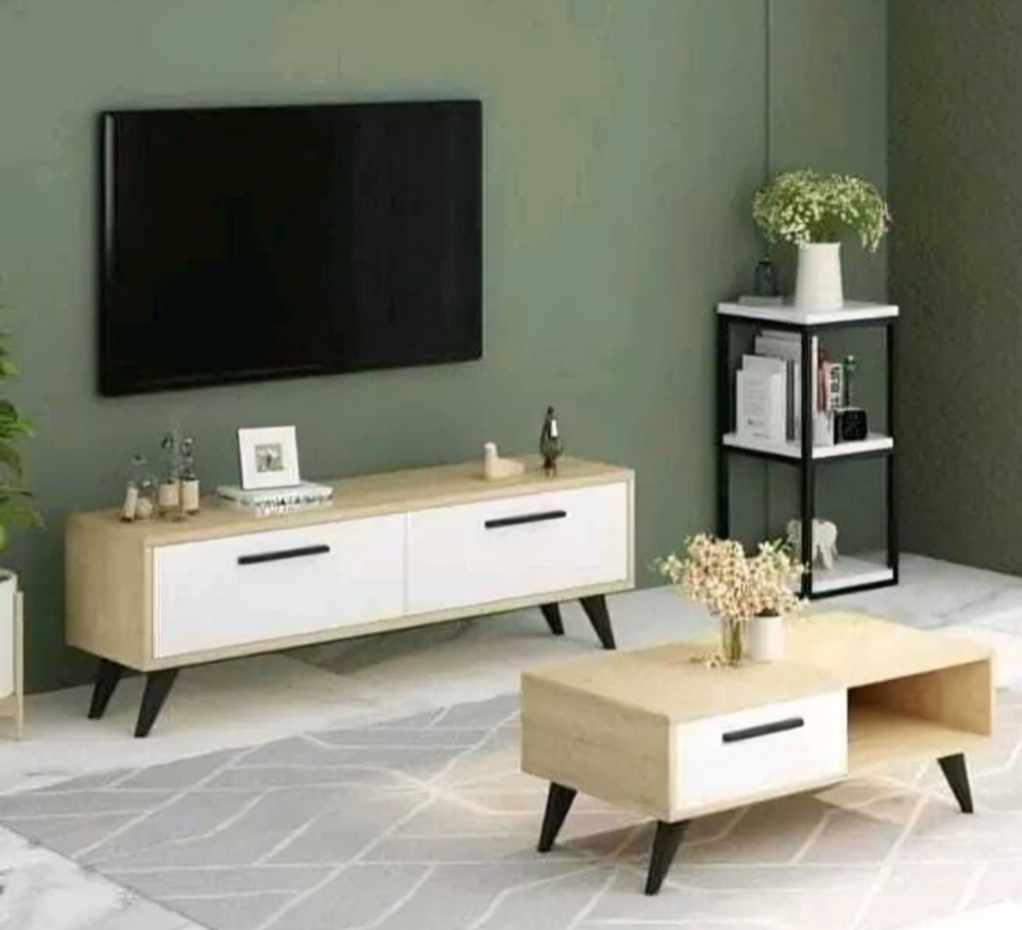 TV cabinet with white and beige coffee table