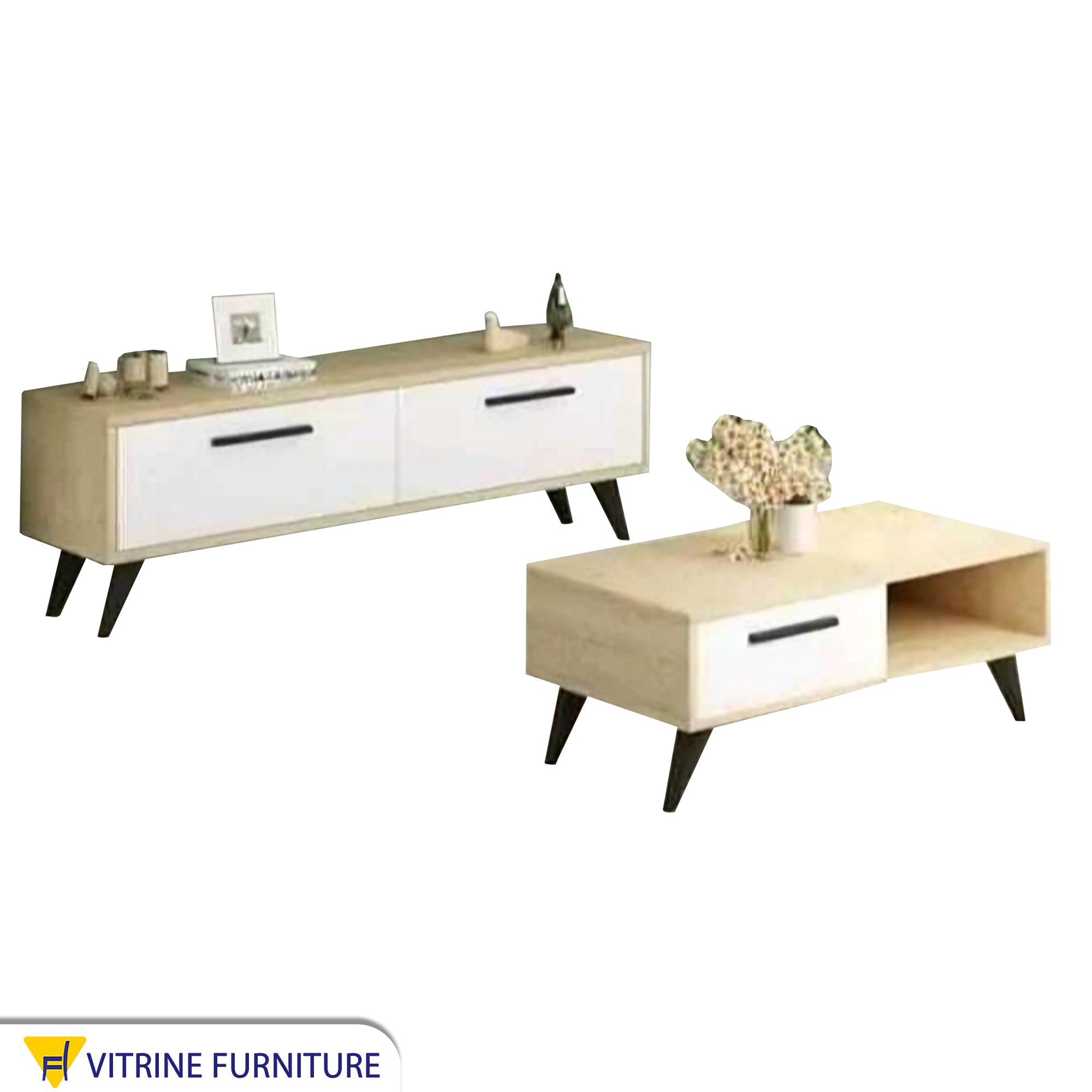TV cabinet with white and beige coffee table
