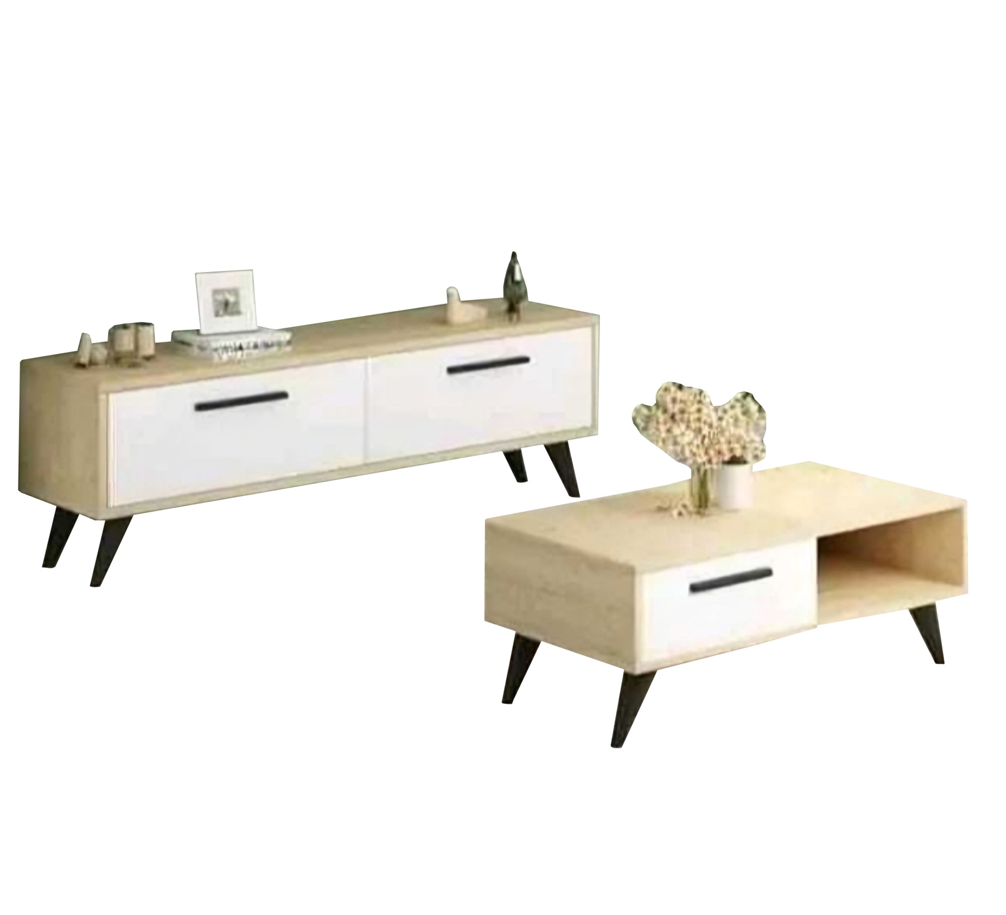 TV cabinet with white and beige coffee table