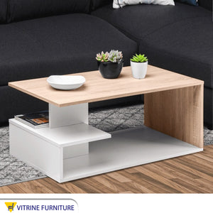 Letter C center table in white and beige wood