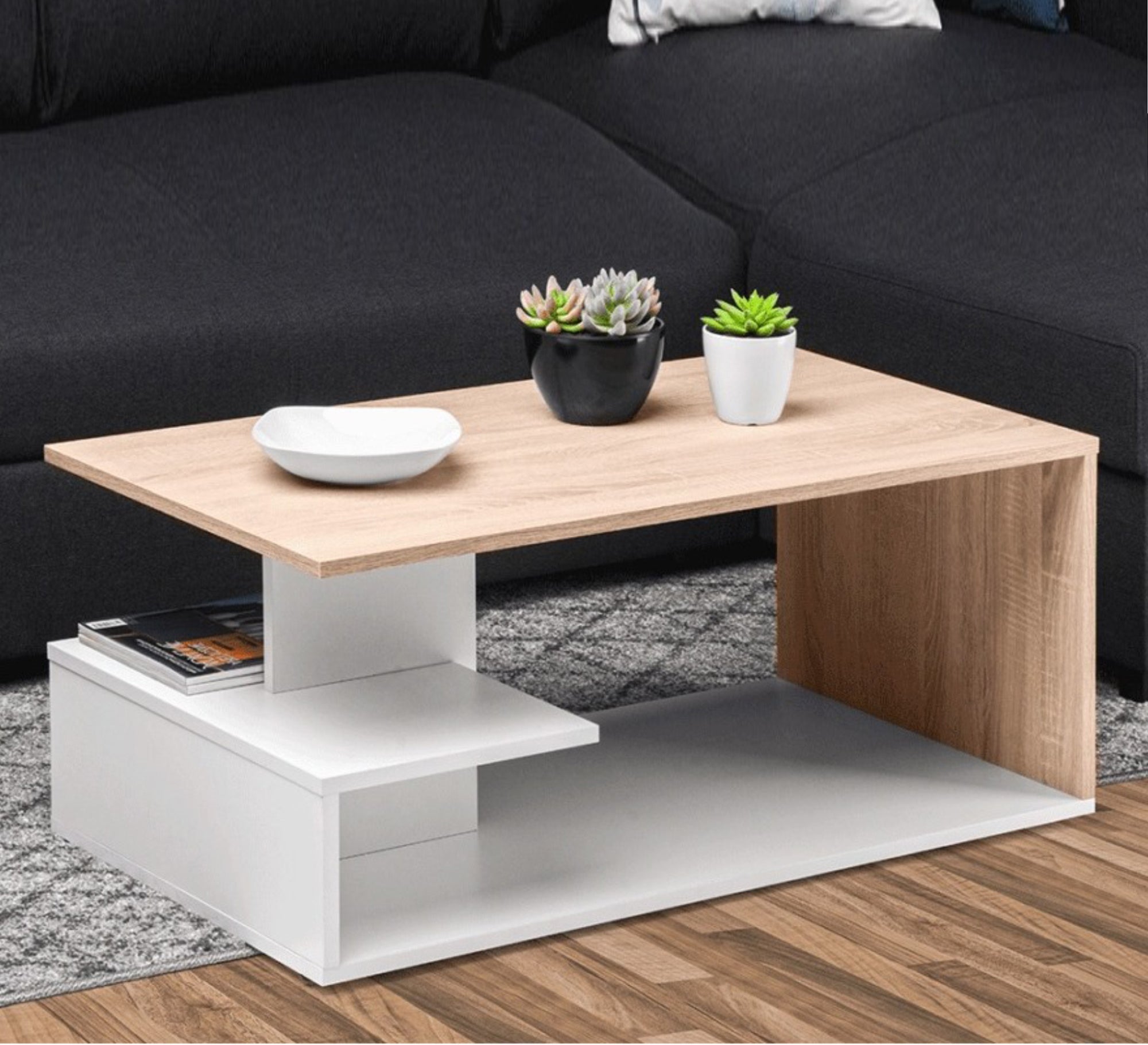 Letter C center table in white and beige wood