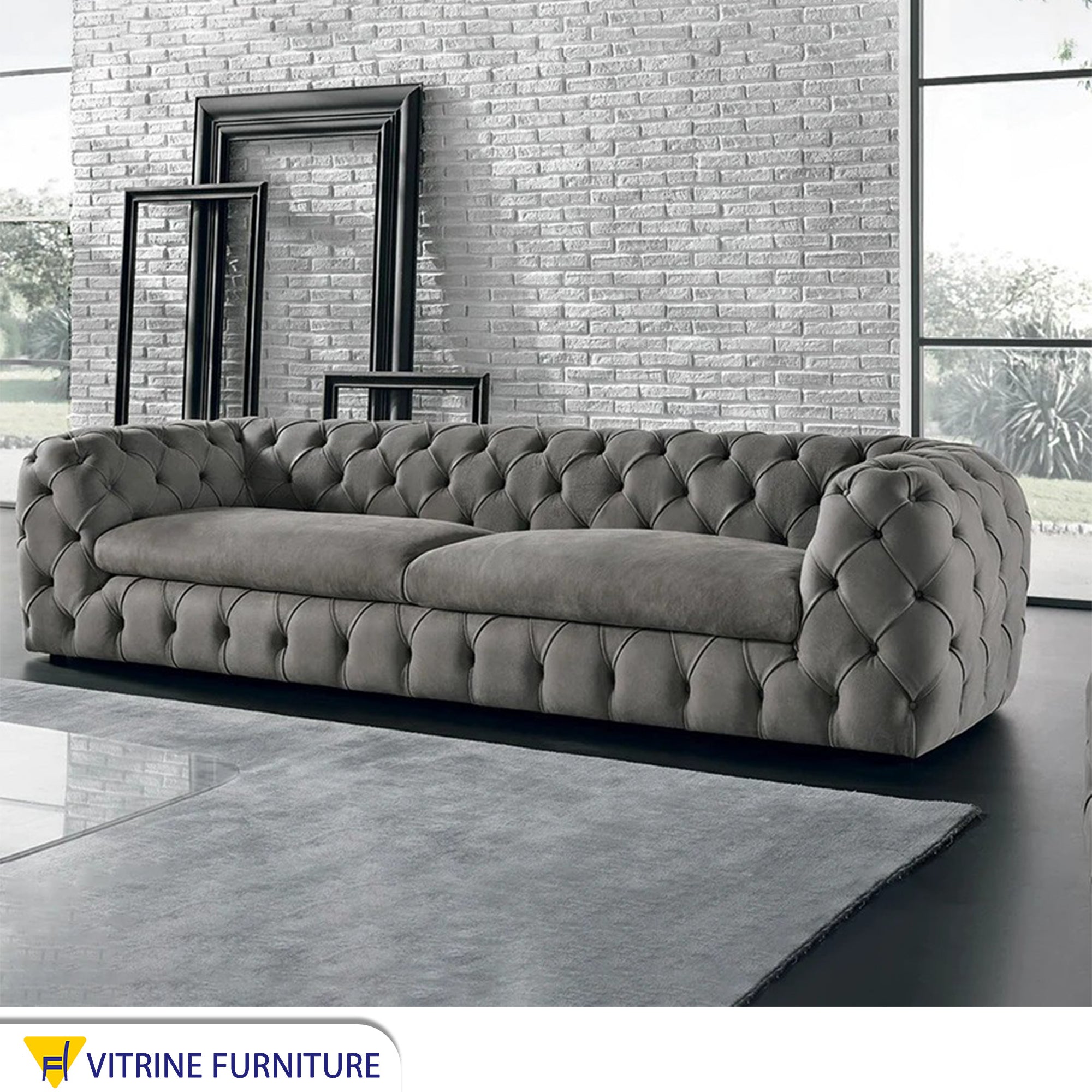 Grey sofa with caputin beads