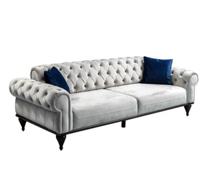 Silver sofa with caputin beads