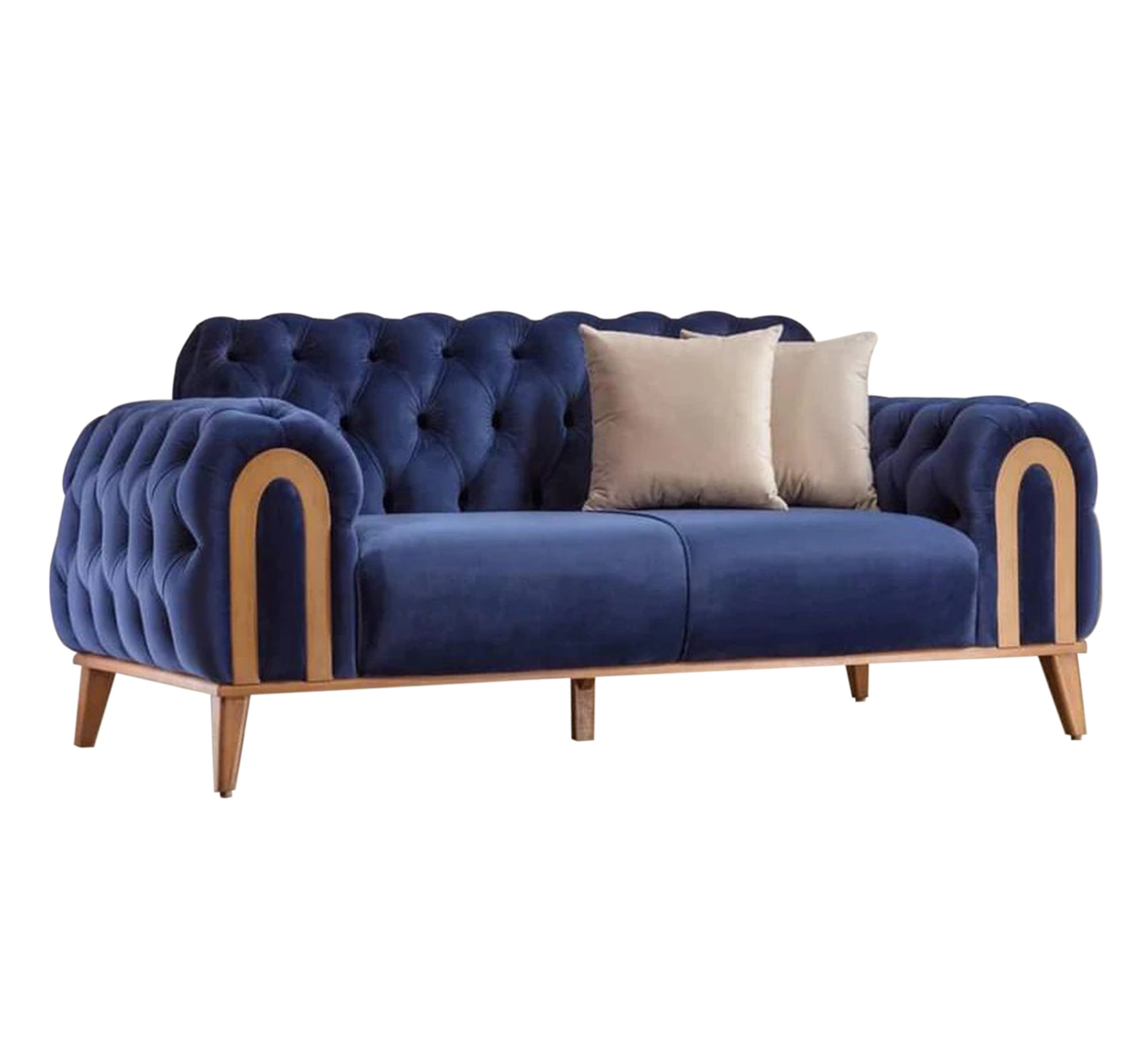 A navy blue sofa with caputin beads