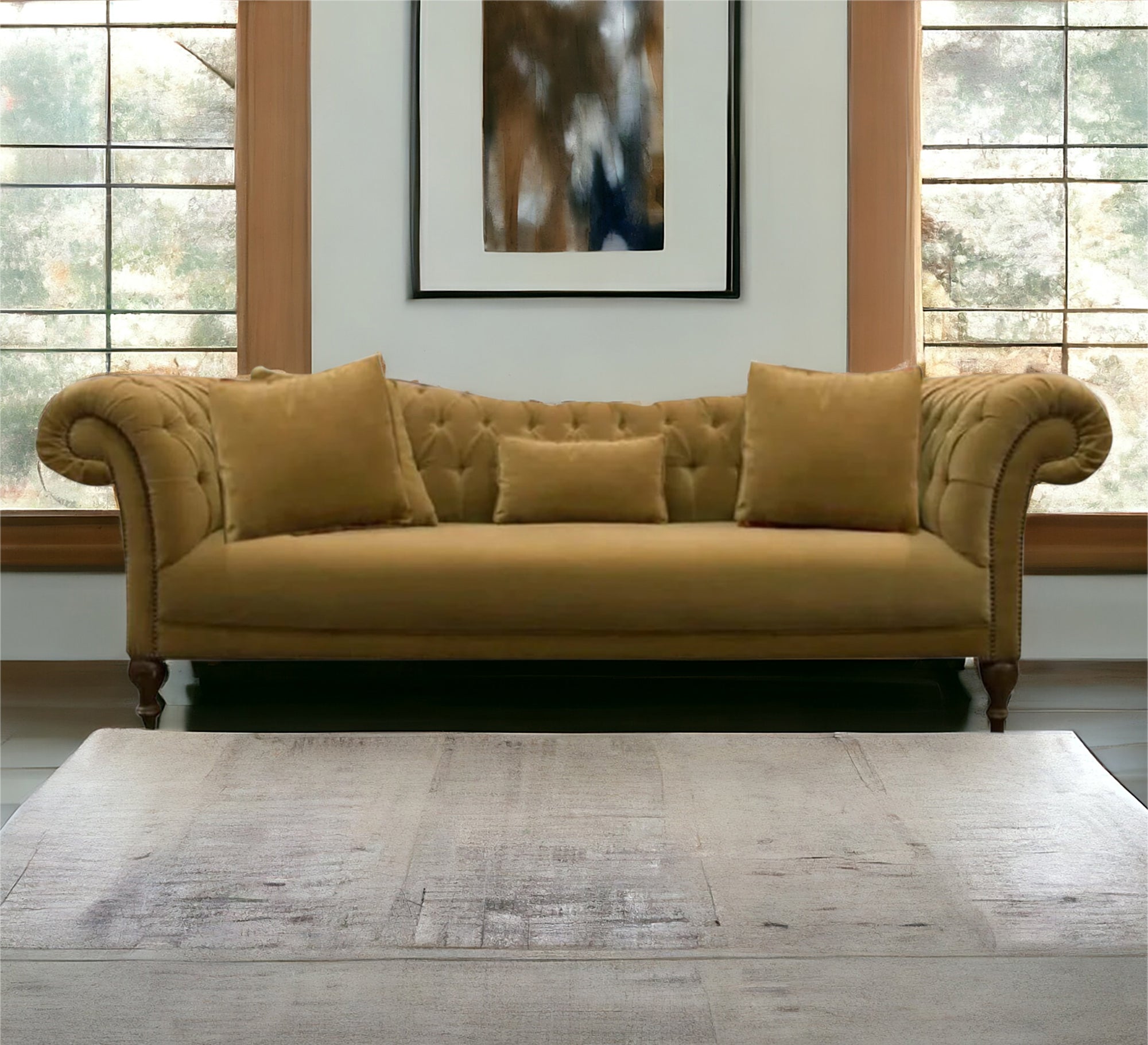 A sofa with twisted cylindrical armrests