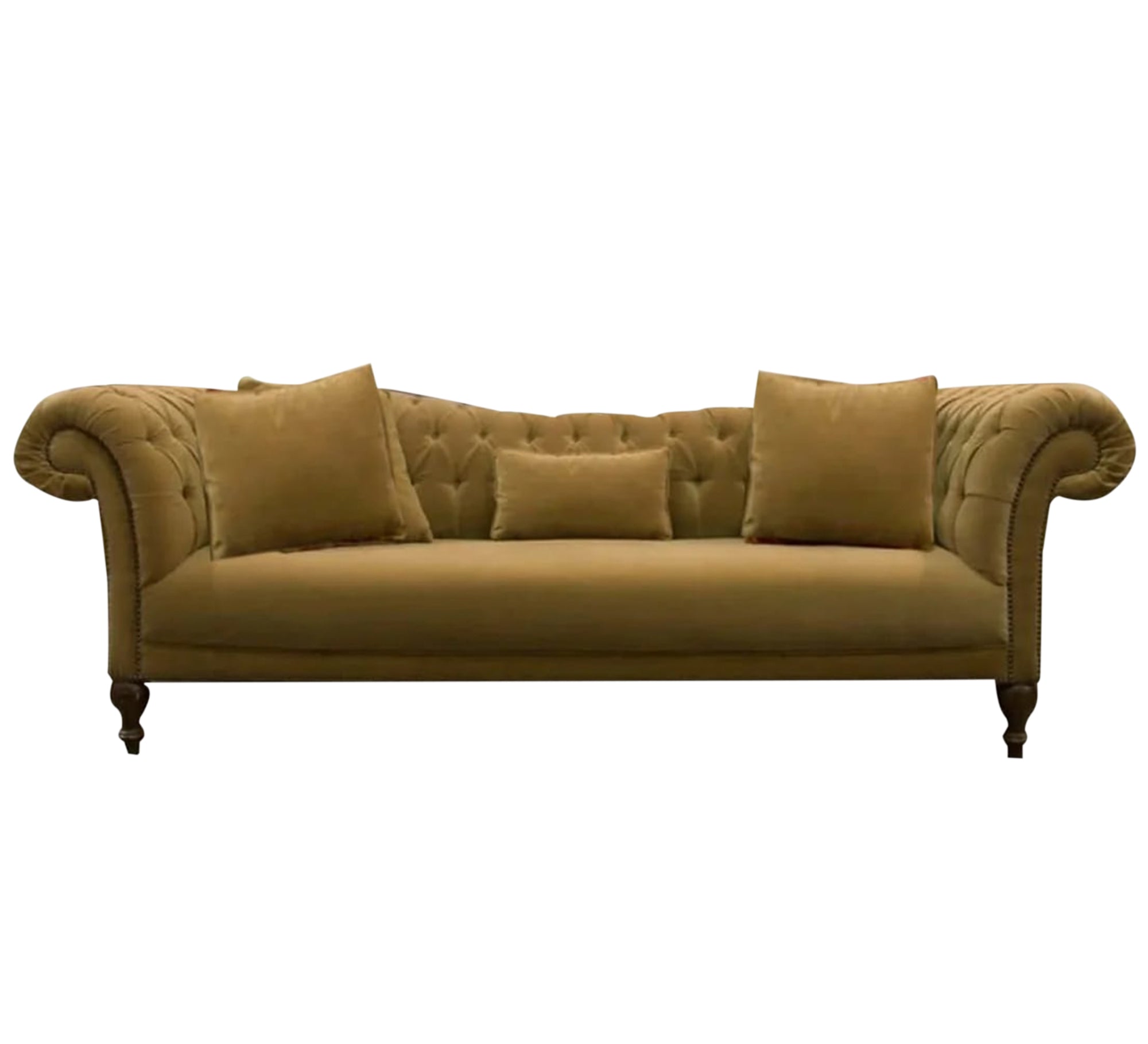 A sofa with twisted cylindrical armrests