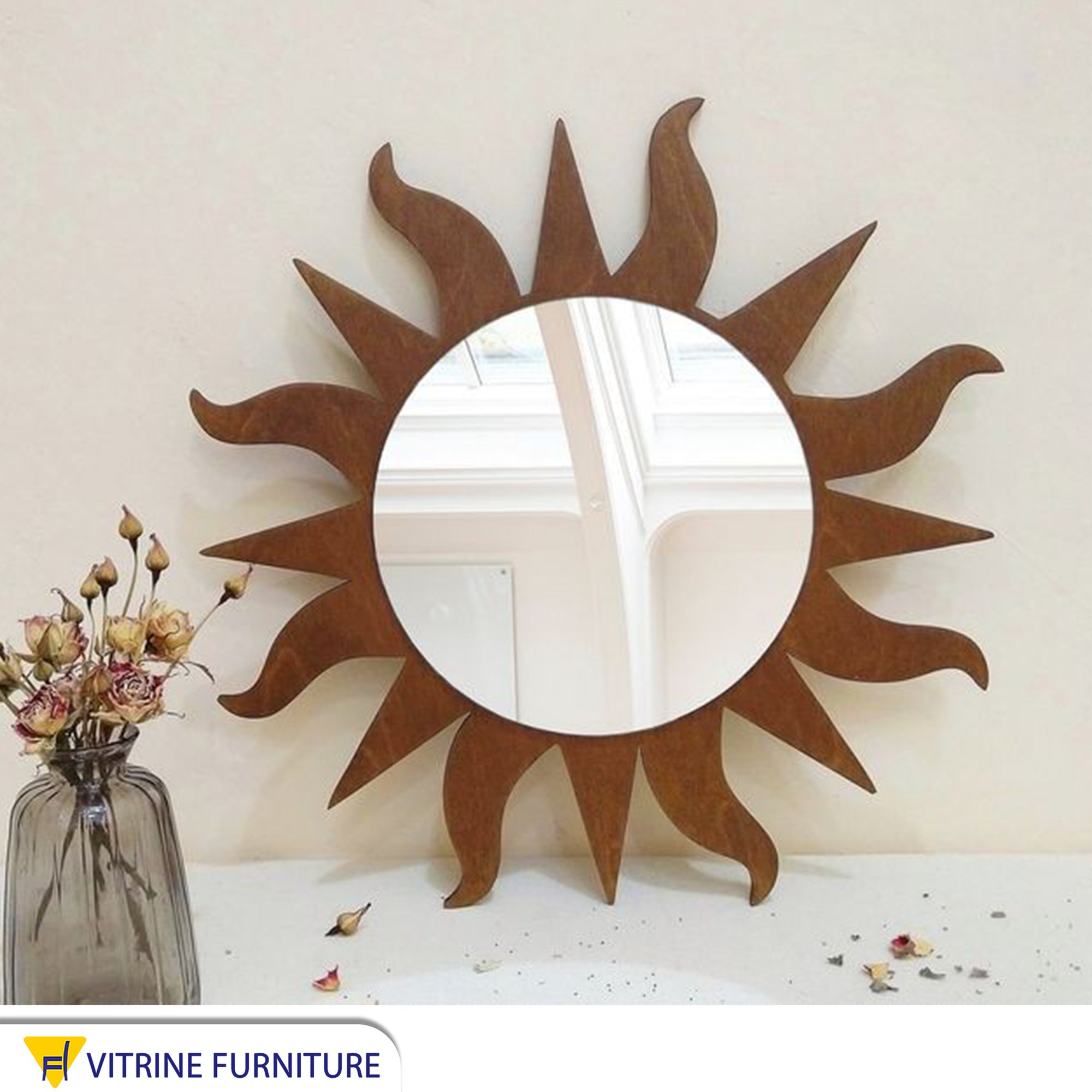 Mirrors with a brown frame in the shape of the sun