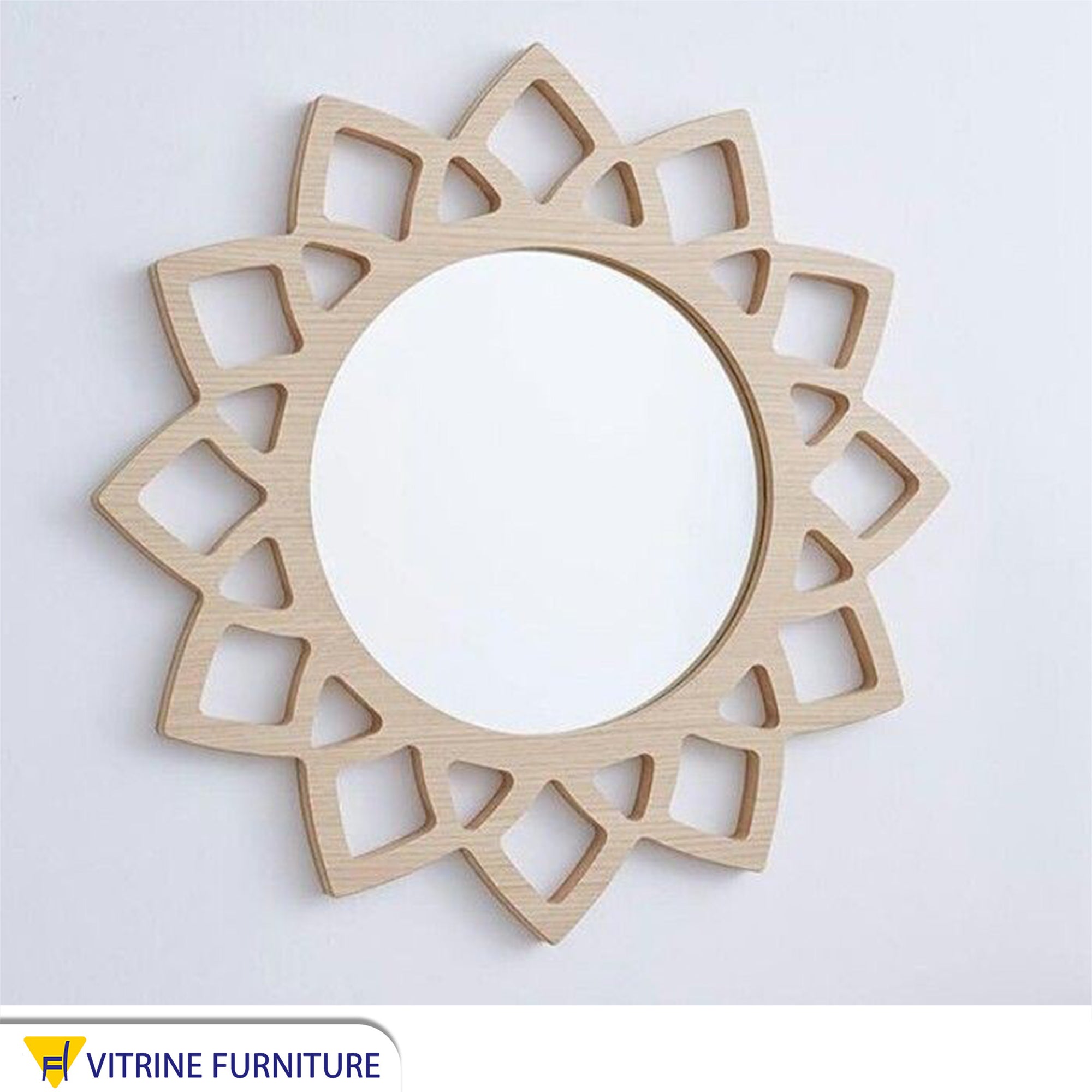 Mirror with a circular, hollowed-out wooden frame