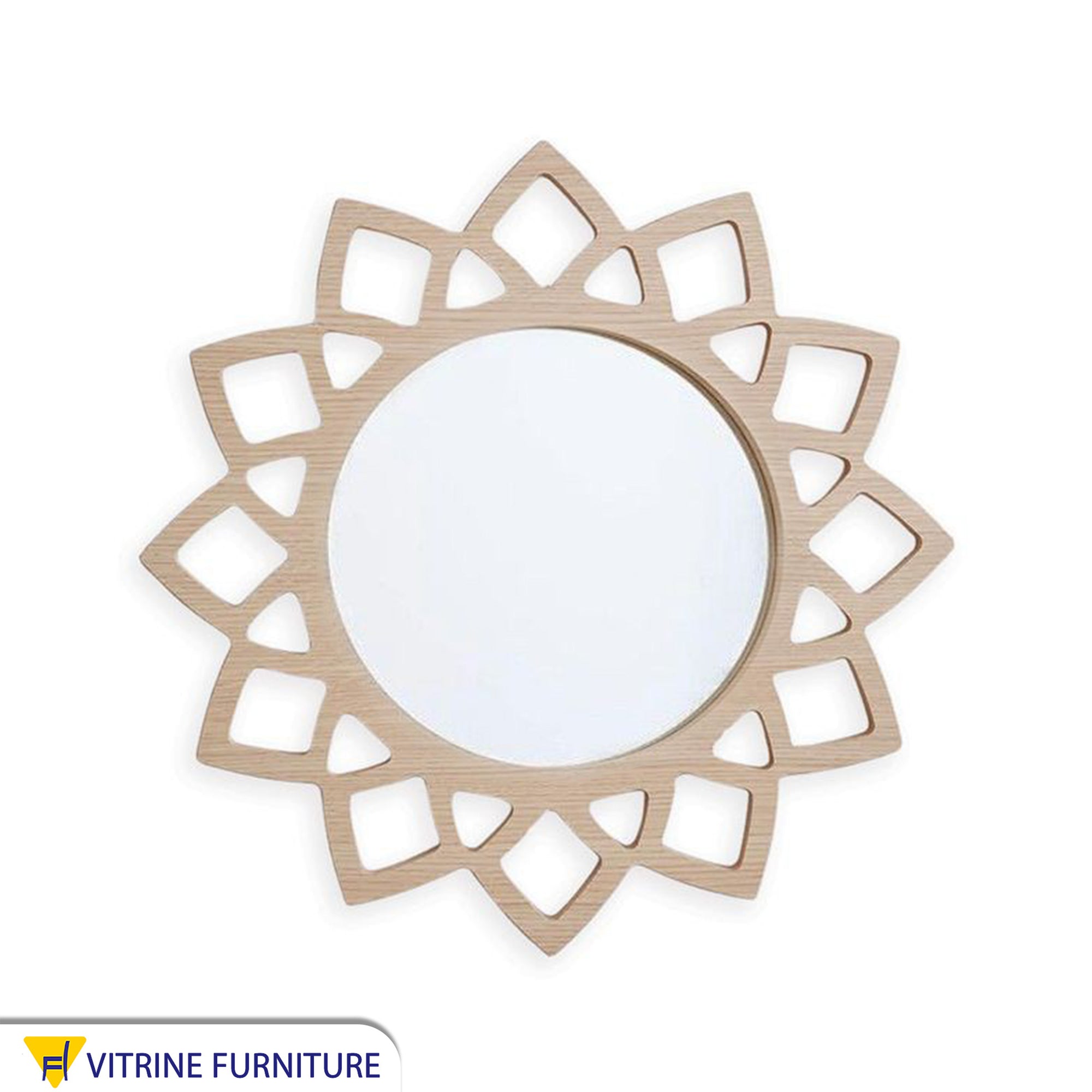Mirror with a circular, hollowed-out wooden frame