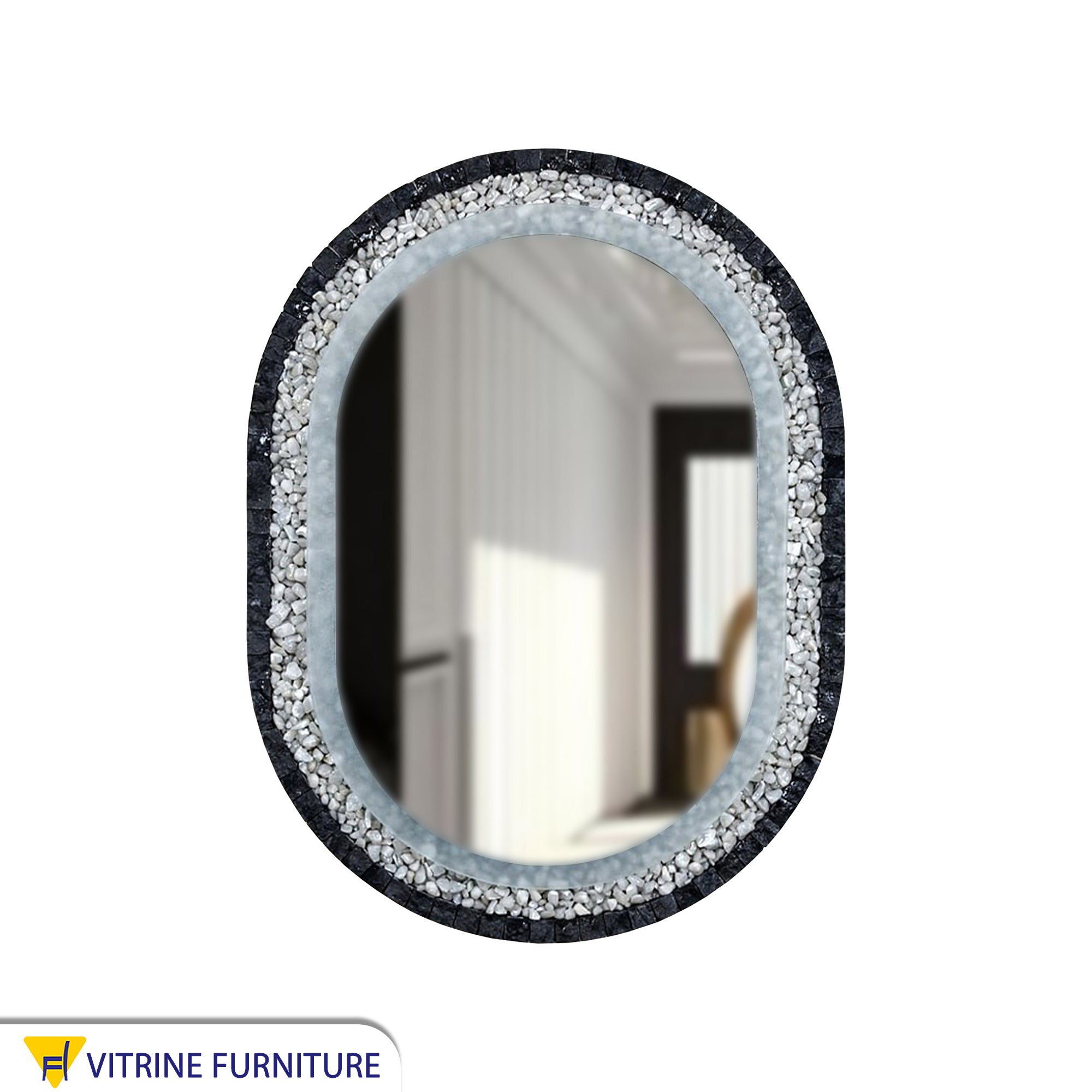LED mirror with a black marble and stone frame