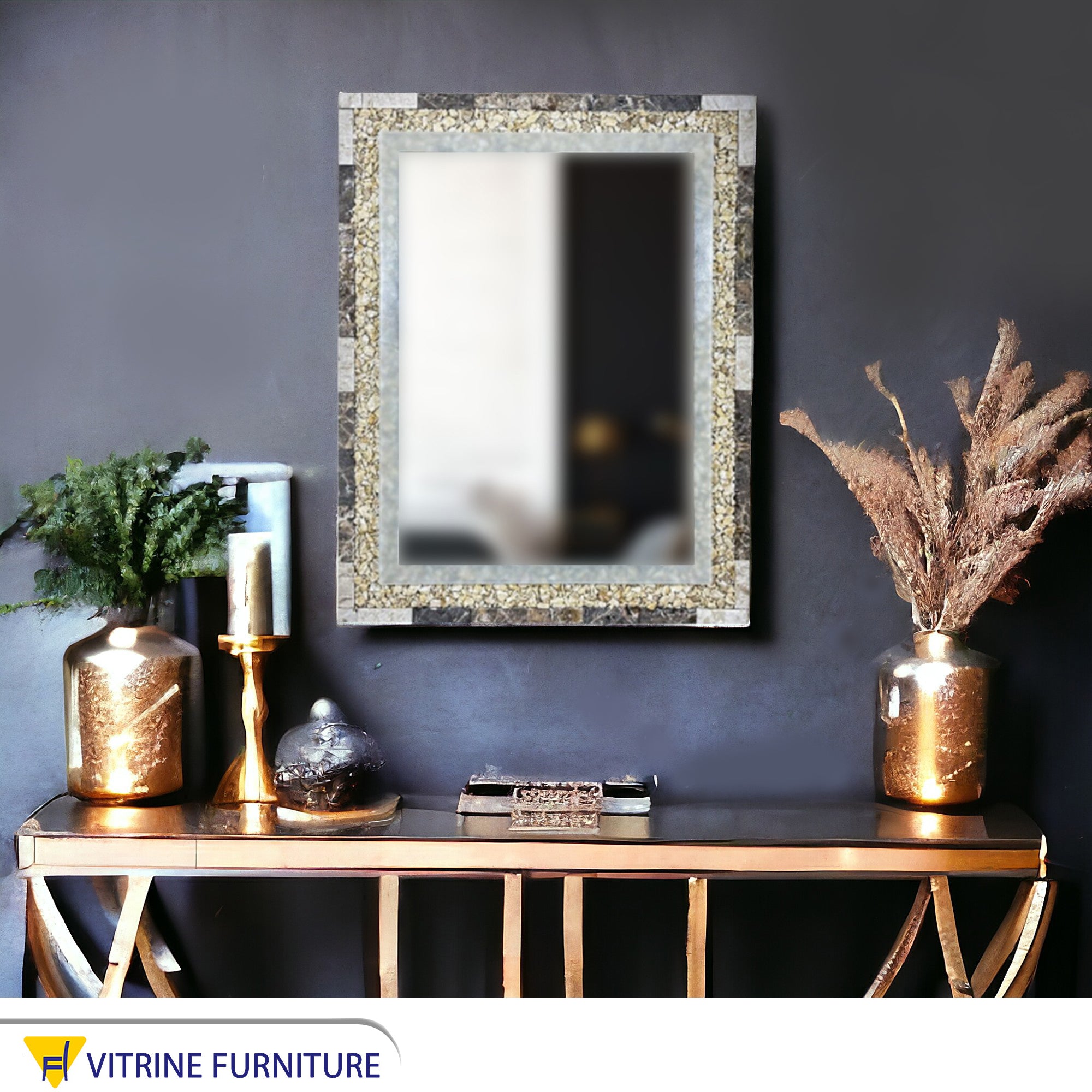 Rectangular mirror with a marble and stone frame