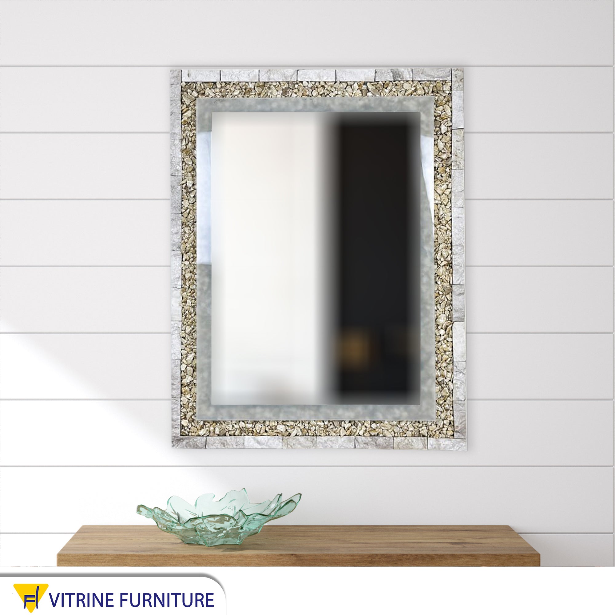 Rectangular mirror with a silver marble and stone frame