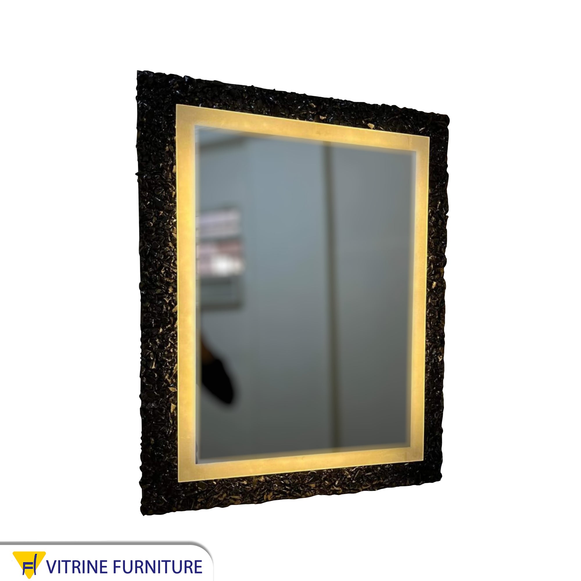 Rectangular LED mirror with a black marble frame